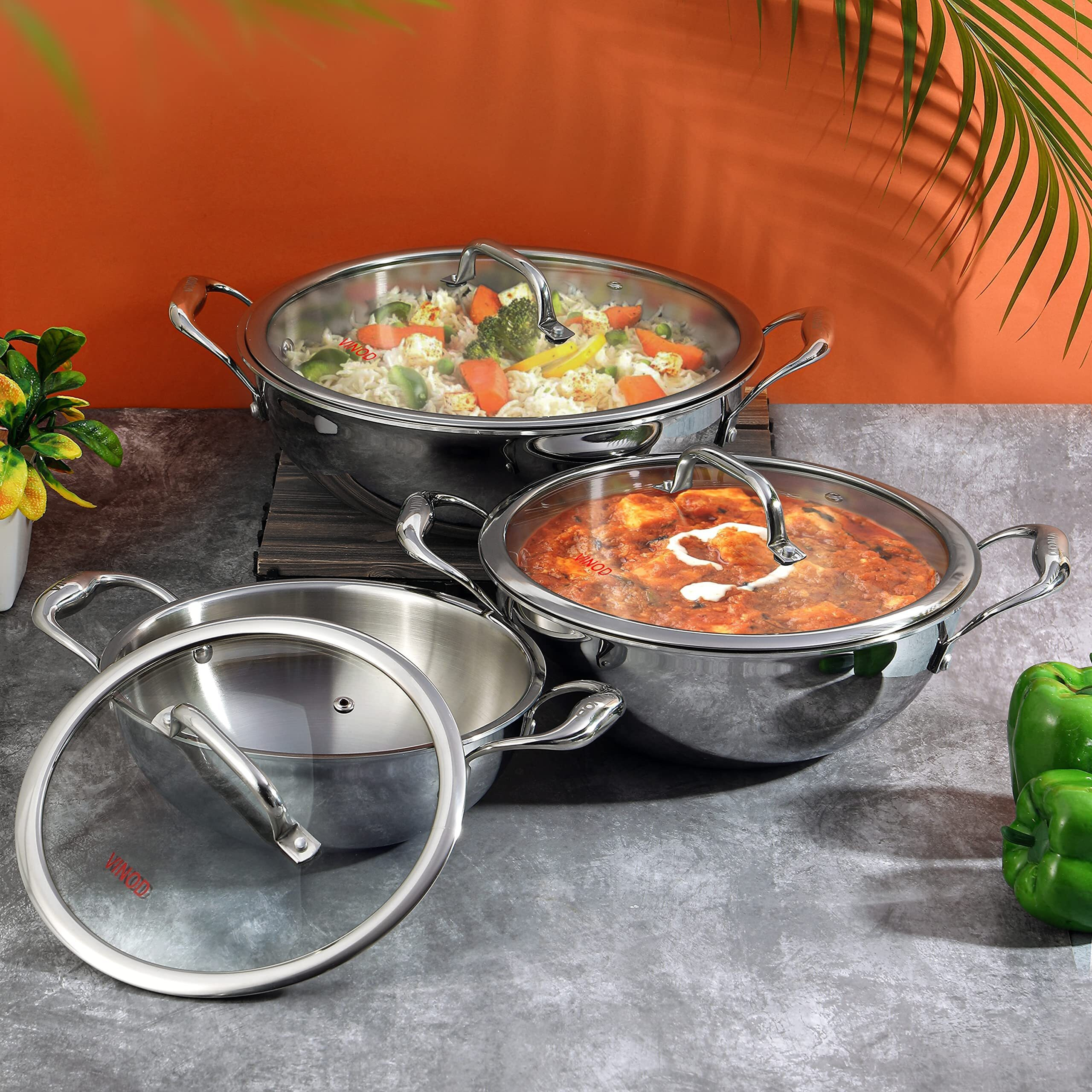 Vinod Platinum Triply Stainless Steel Extra Deep Kadai with Glass Lid 5.5 Litre (30 cm) | 2.5mm Thick | Kadai for Cooking | Heavy Base | Induction & Gas Base | 5 Year Warranty