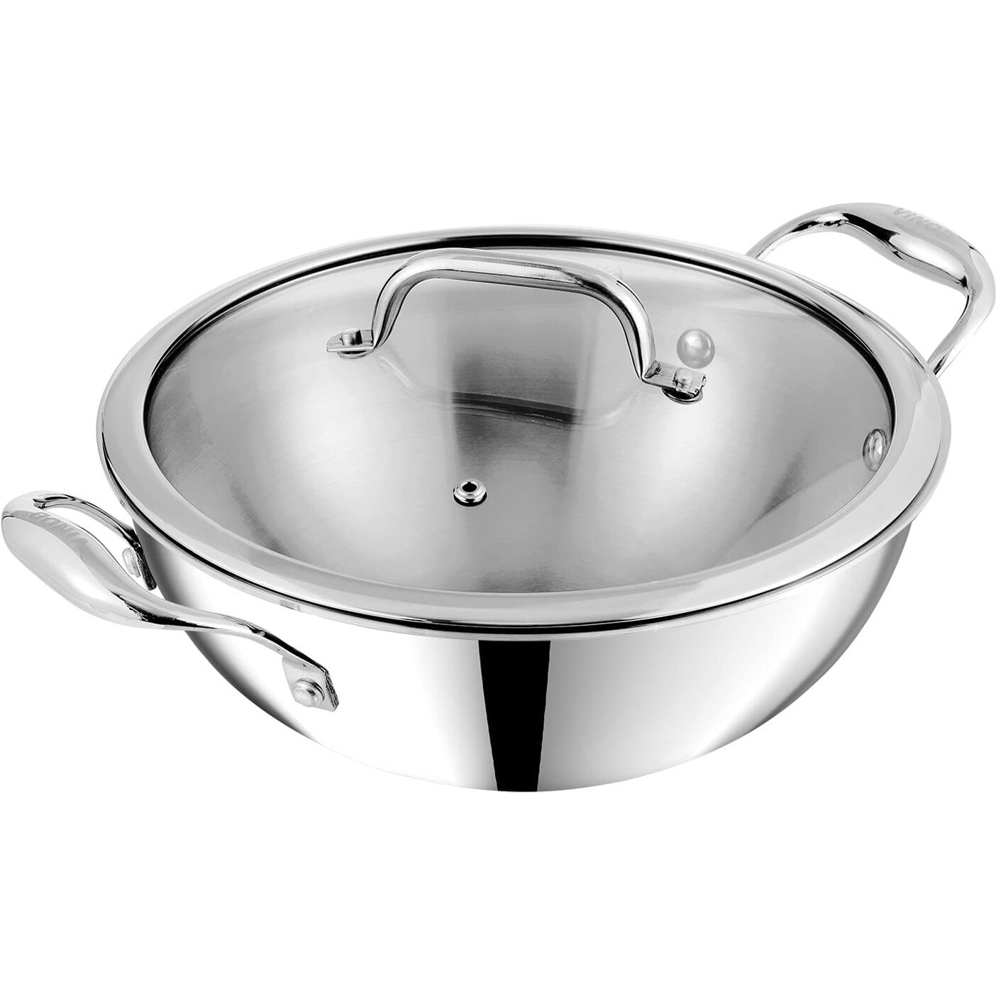 Vinod Platinum Triply Stainless Steel Extra Deep Kadai with Glass Lid 5.5 Litre (30 cm) | 2.5mm Thick | Kadai for Cooking | Heavy Base | Induction & Gas Base | 5 Year Warranty
