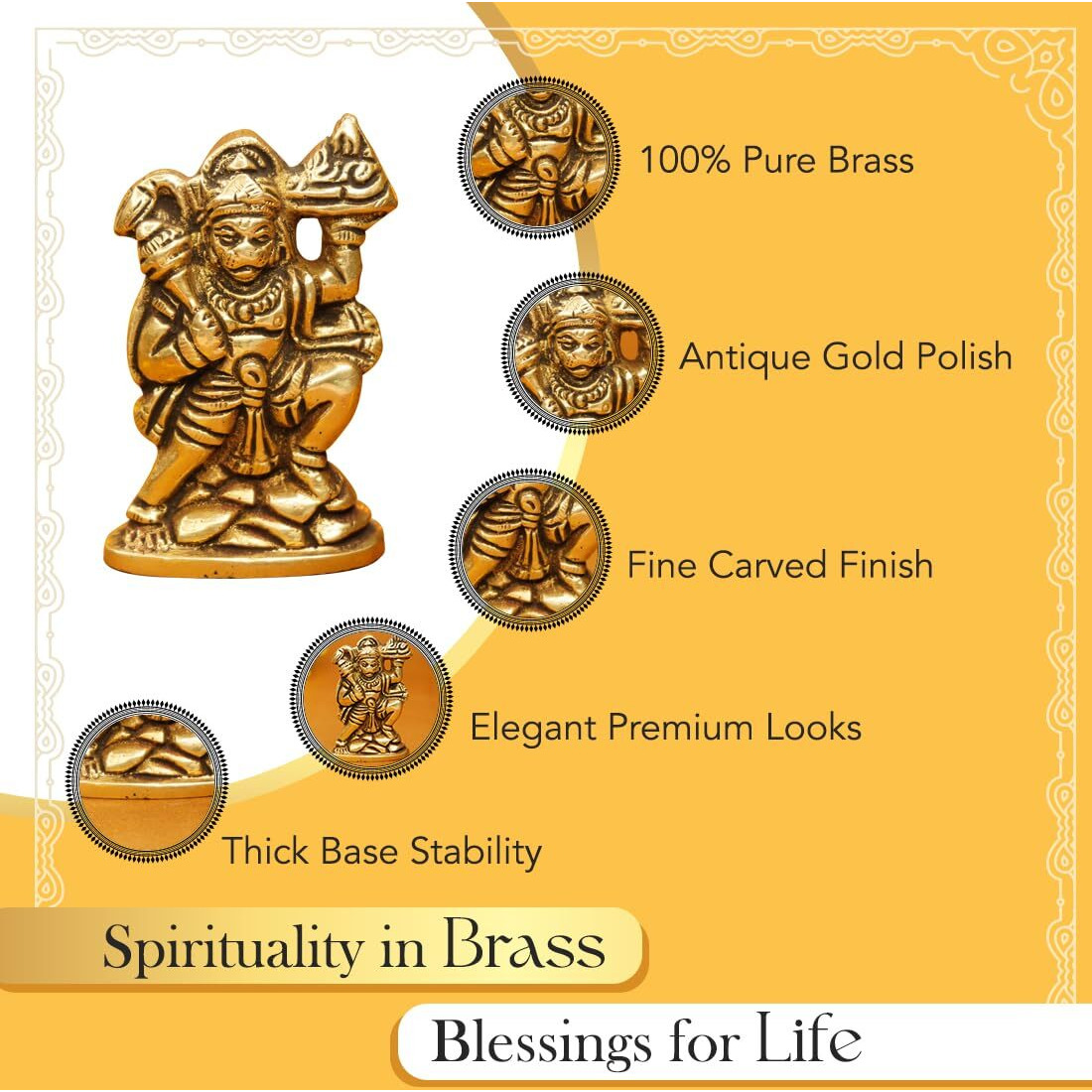 Ekhasa 100% Pure Brass Hanuman Ji Murti for Home Puja (Size 6 cm) | Lord Hanuman Idol for Desk, Car and Home Decor | Balaji Idol | Bajrangbali Murti | Bahubali Hanuman Idol