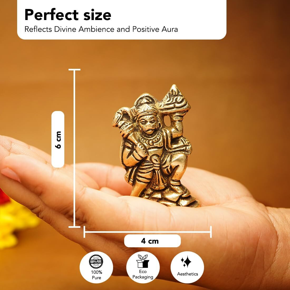 Ekhasa 100% Pure Brass Hanuman Ji Murti for Home Puja (Size 6 cm) | Lord Hanuman Idol for Desk, Car and Home Decor | Balaji Idol | Bajrangbali Murti | Bahubali Hanuman Idol