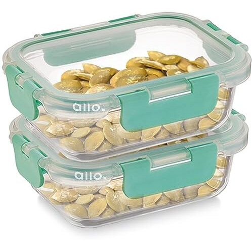 Allo Food Safe Glass Containers with Lids with Break Free Lock, Microwave Safe Containers, High Borosilicate Meal Prep Glass Food Storage Containers for Kitchen, Set of 2, 185ml x 2, Rectangle