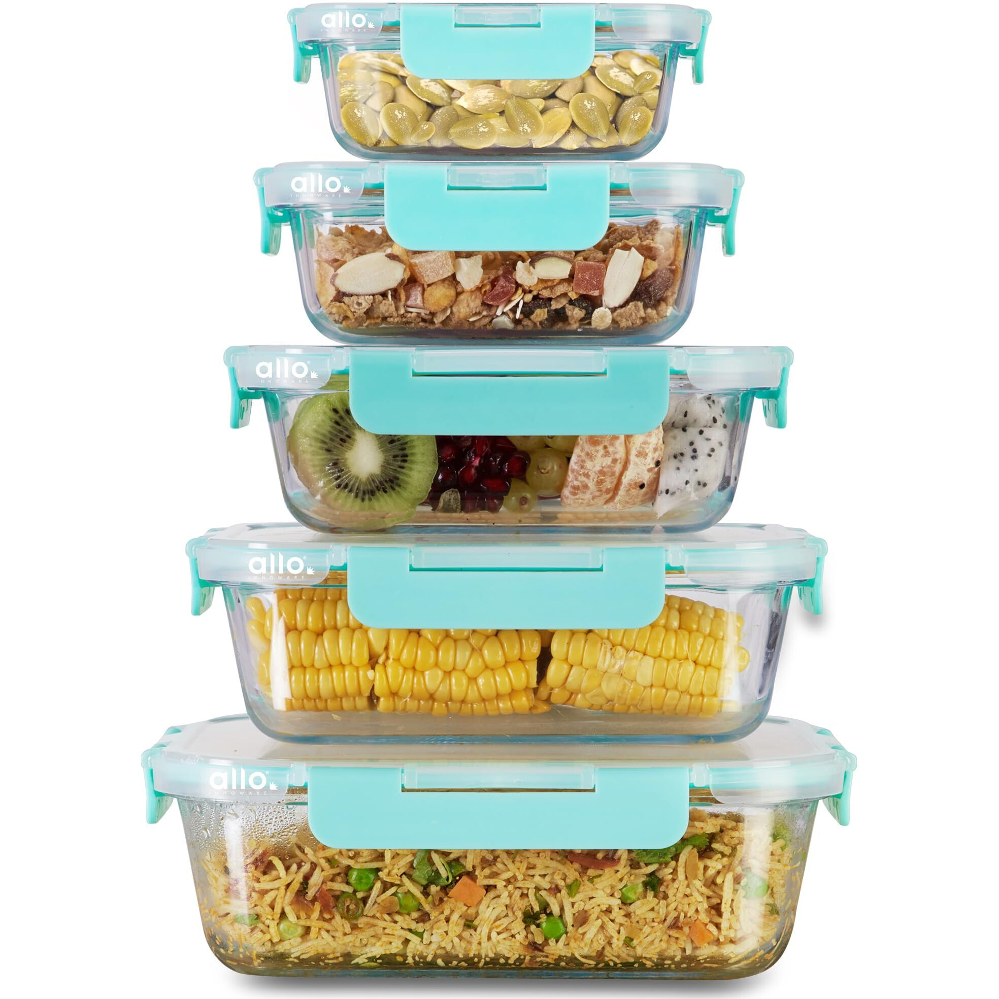 Allo Foodsafe Glass Containers With Lids, Microwave Safe Containers,Borosilicate Meal Prep Glass Food Storage Container For Kitchen,Setof 5 185Ml,370Ml,640Ml,1040Ml,1520Ml - Transparent