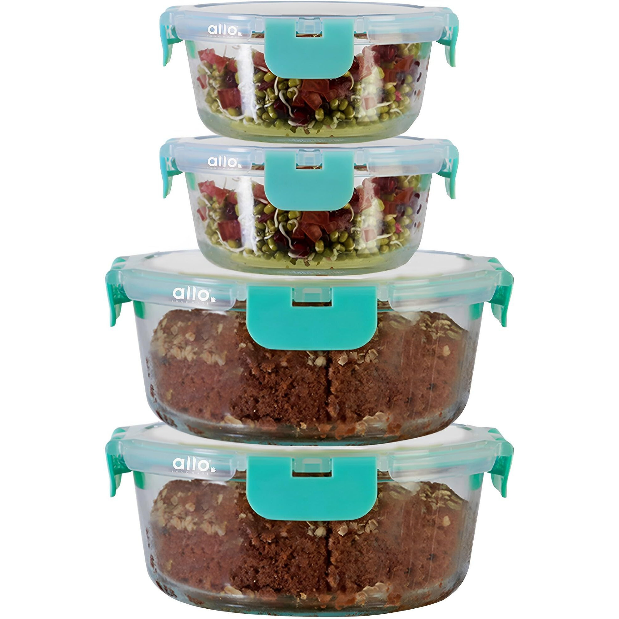 Allo Food Safe Glass Containers with Lids with Break Free Lock,Microwave Safe Containers, Borosilicate Meal Prep Glass Food Storage Containers for Kitchen, Set of 4 390ml, 930ml, Round.