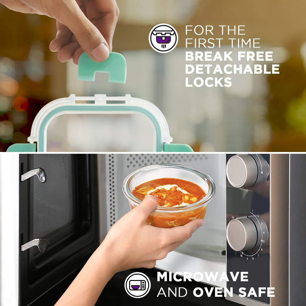 Allo Food Safe Glass Containers with Lids with Break Free Lock,Microwave Safe Containers, Borosilicate Meal Prep Glass Food Storage Containers for Kitchen, Set of 4 390ml, 930ml, Round.