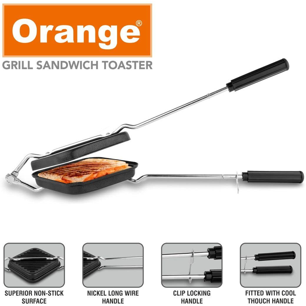 Orange Aluminium Grill Non Stick Toast Sandwich Maker With Free Nylon Tongs & Scrubber | Non Electric Grill Sandwich Maker | Gas Stove Compatible| Black, 1000 Watts
