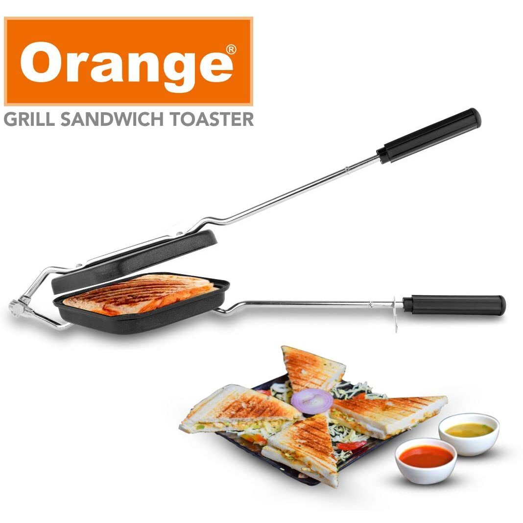 Orange Aluminium Grill Non Stick Toast Sandwich Maker With Free Nylon Tongs & Scrubber | Non Electric Grill Sandwich Maker | Gas Stove Compatible| Black, 1000 Watts