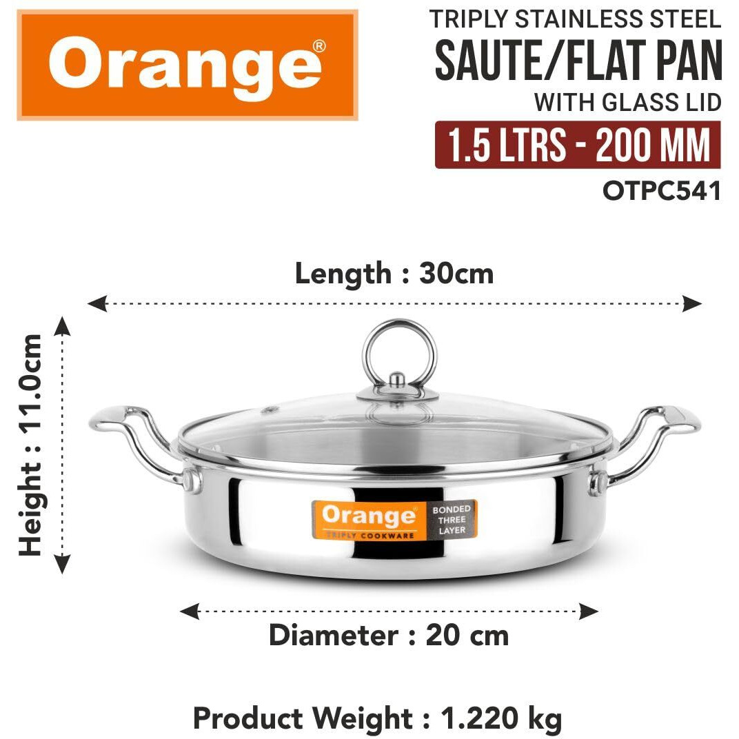 Orange Stainless Steel Triply Cook & Serve Stylish Fry Pan/Saute Pan/Kadai/Flat Pan 1.5 litres with Glass lid and Handles | 2.5mm Thickness | 20cm Diameter | Induction Cooktop Friendly | Steel