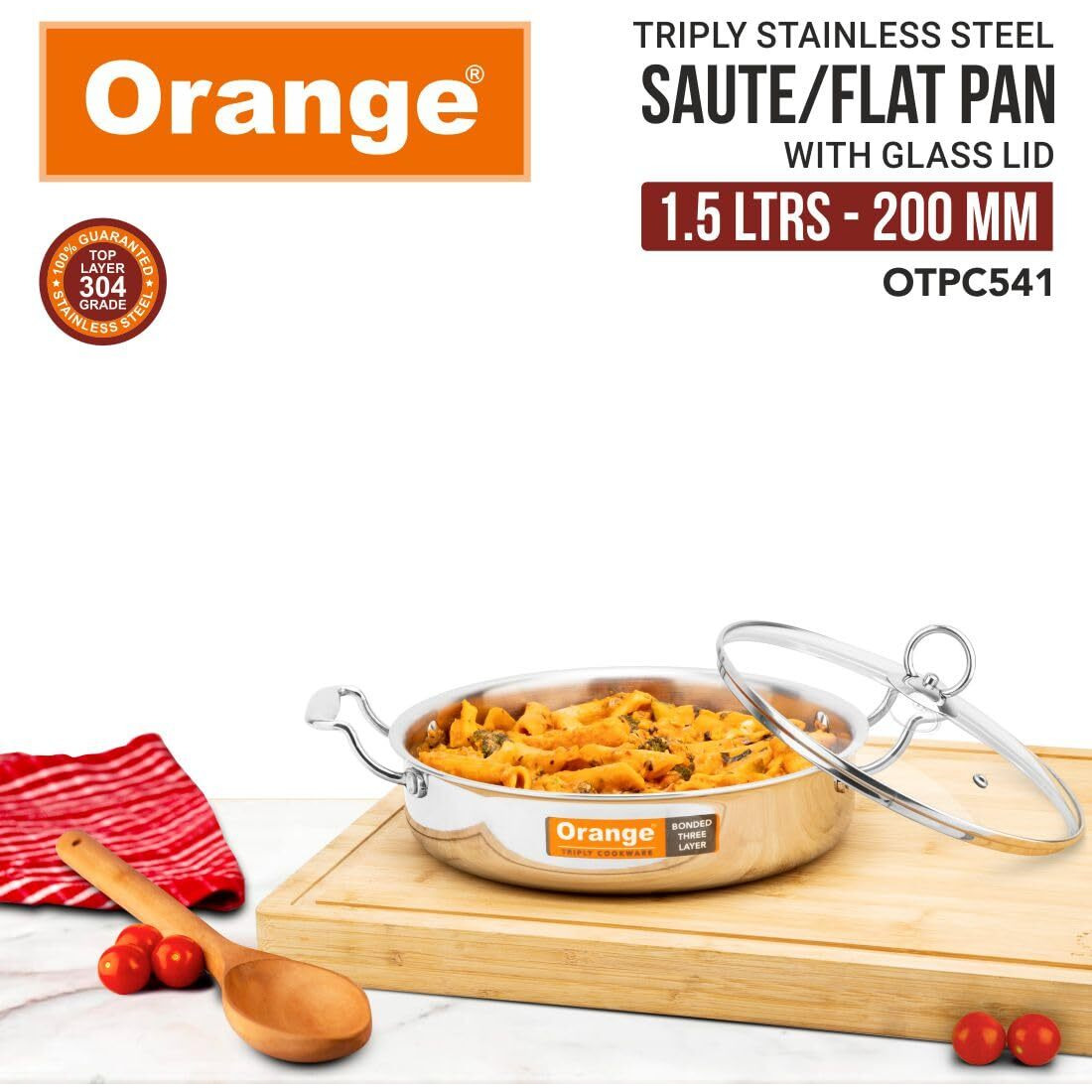 Orange Stainless Steel Triply Cook & Serve Stylish Fry Pan/Saute Pan/Kadai/Flat Pan 1.5 litres with Glass lid and Handles | 2.5mm Thickness | 20cm Diameter | Induction Cooktop Friendly | Steel