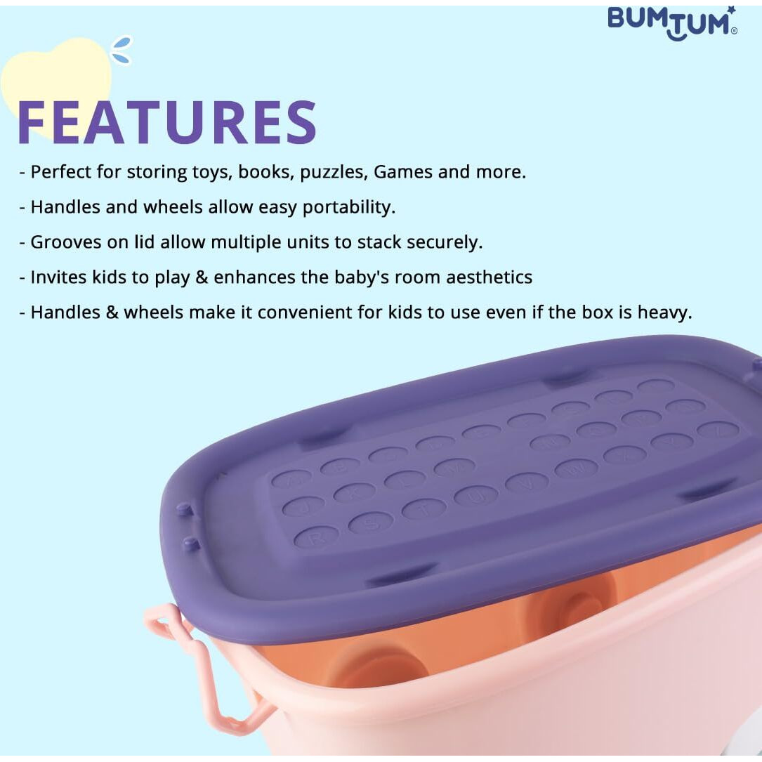 BUMTUM 25L Toy Storage Box with Locking Lid & Handle - Pink | Rolling Organizer with Stackable Design & Wheels | Toy Basket Storage Solution for Kids | Size 49x32x26 Cm