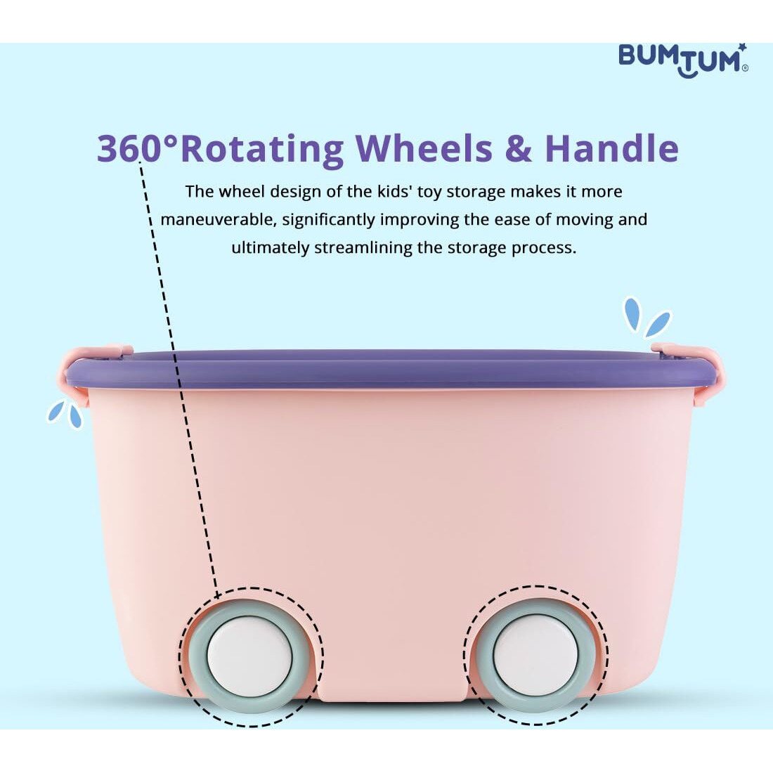 BUMTUM 25L Toy Storage Box with Locking Lid & Handle - Pink | Rolling Organizer with Stackable Design & Wheels | Toy Basket Storage Solution for Kids | Size 49x32x26 Cm