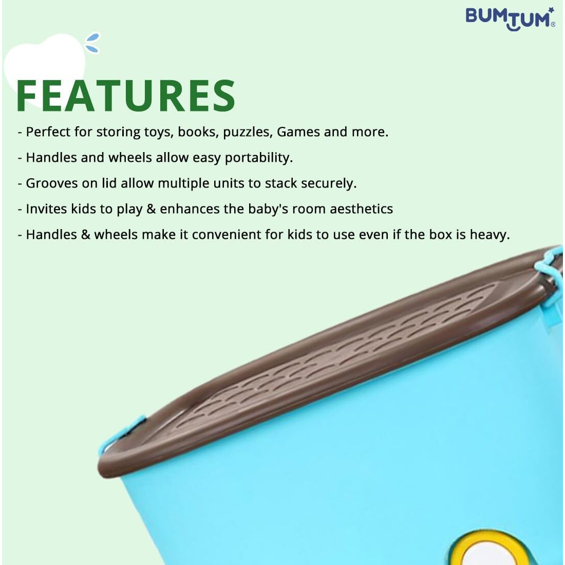 BUMTUM 25L Toy Storage Box with Locking Lid & Handle - Blue | Rolling Organizer with Stackable Design & Wheels | Toy Basket Storage Solution for Kids | Size 49x32x26 Cm