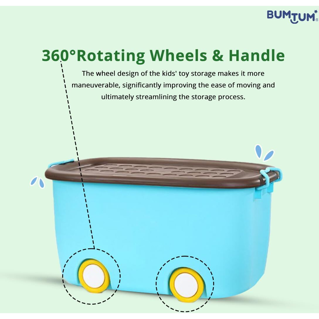 BUMTUM 25L Toy Storage Box with Locking Lid & Handle - Blue | Rolling Organizer with Stackable Design & Wheels | Toy Basket Storage Solution for Kids | Size 49x32x26 Cm