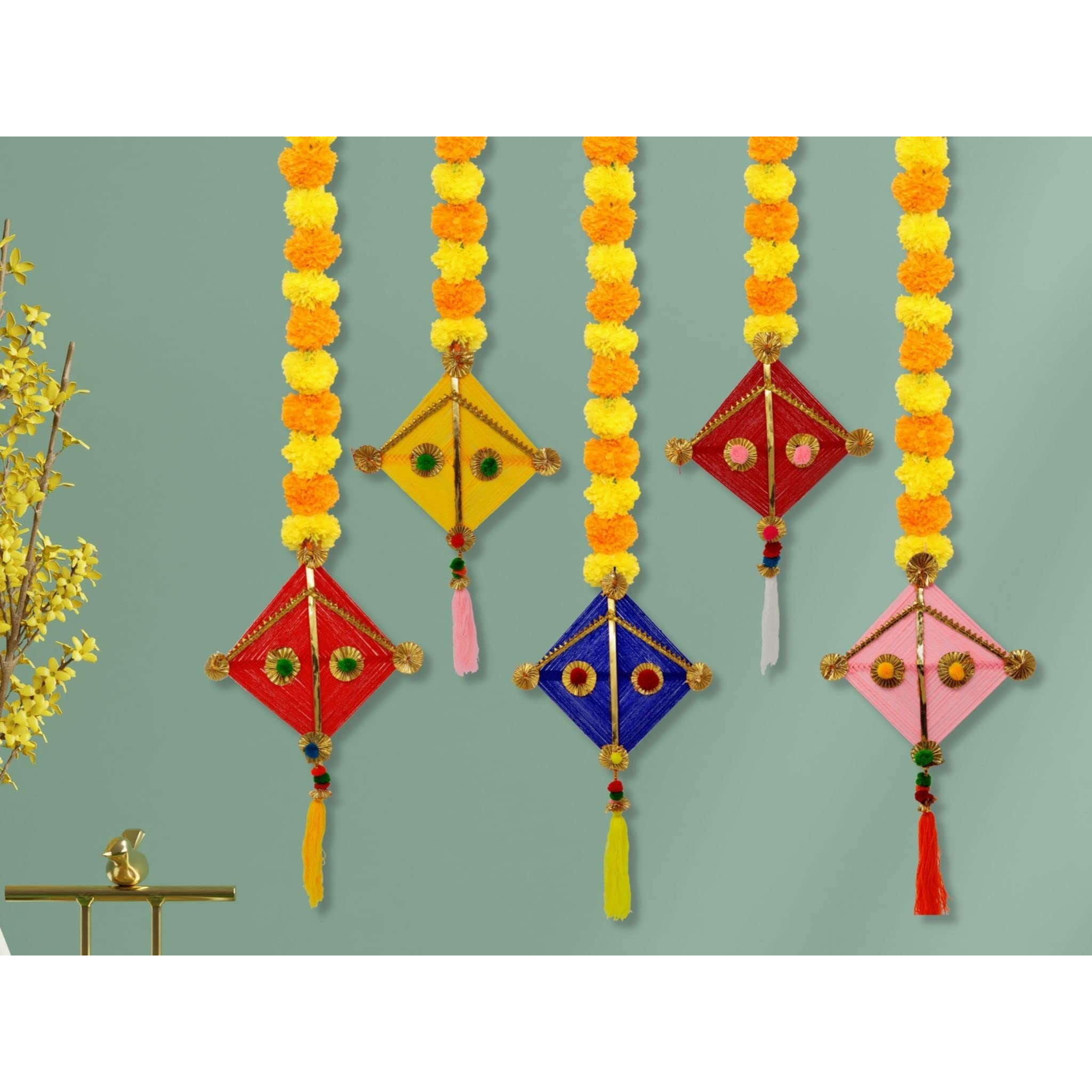 JH Gallery Handmade Artificial Marigold Fluffy Flowers Colorful Woolen Kite Hanging for Home | Festival | Wedding | Temple Pooja Room Decoration (Pack of 5)