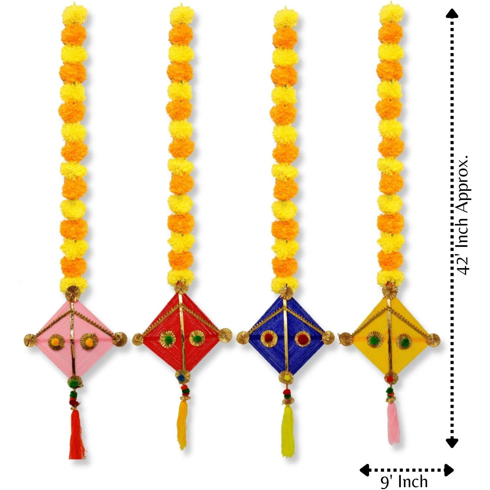 JH Gallery Handmade Artificial Marigold Fluffy Flowers Colorful Woolen Kite Hanging for Home | Festival | Wedding | Temple Pooja Room Decoration (Pack of 5)