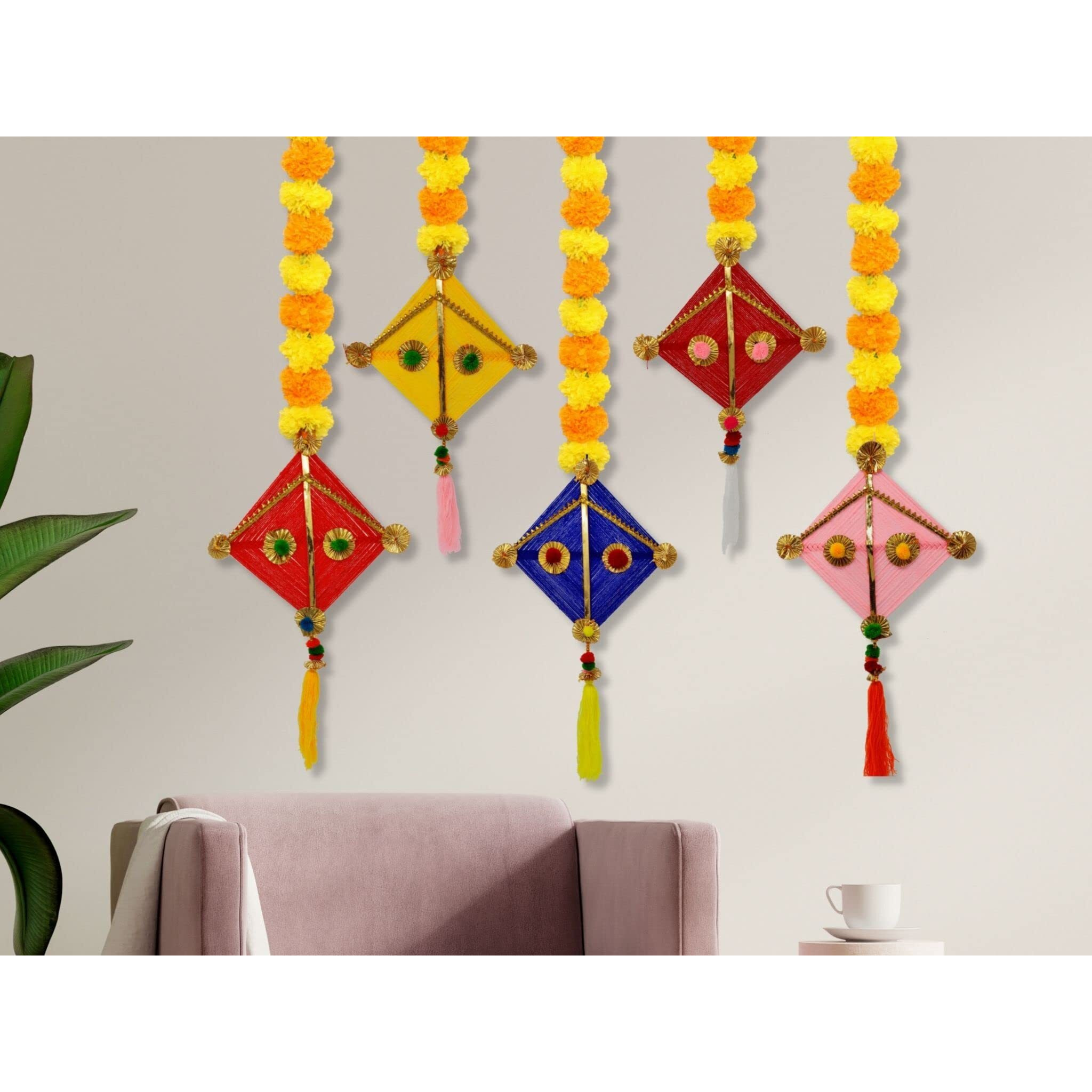 JH Gallery Handmade Artificial Marigold Fluffy Flowers Colorful Woolen Kite Hanging for Home | Festival | Wedding | Temple Pooja Room Decoration (Pack of 5)