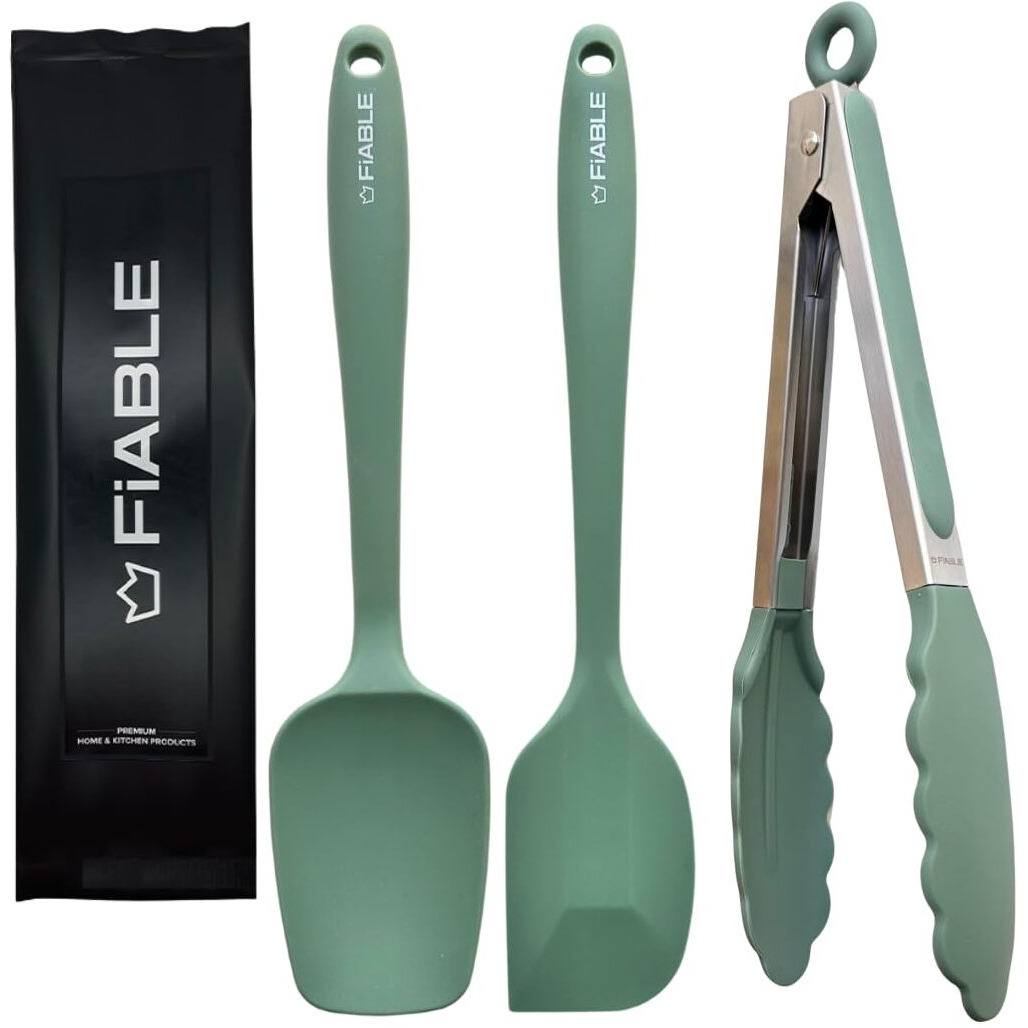 FiABLE Premium Silicone Spatula and Tongs Set - Heat Resistant, Seamless Design - Set of 3 - Green Tong & Spatulas