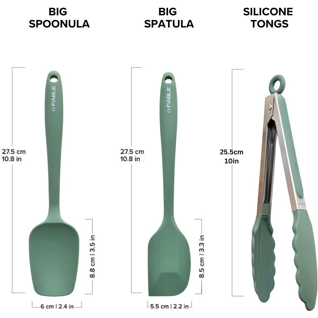 FiABLE Premium Silicone Spatula and Tongs Set - Heat Resistant, Seamless Design - Set of 3 - Green Tong & Spatulas