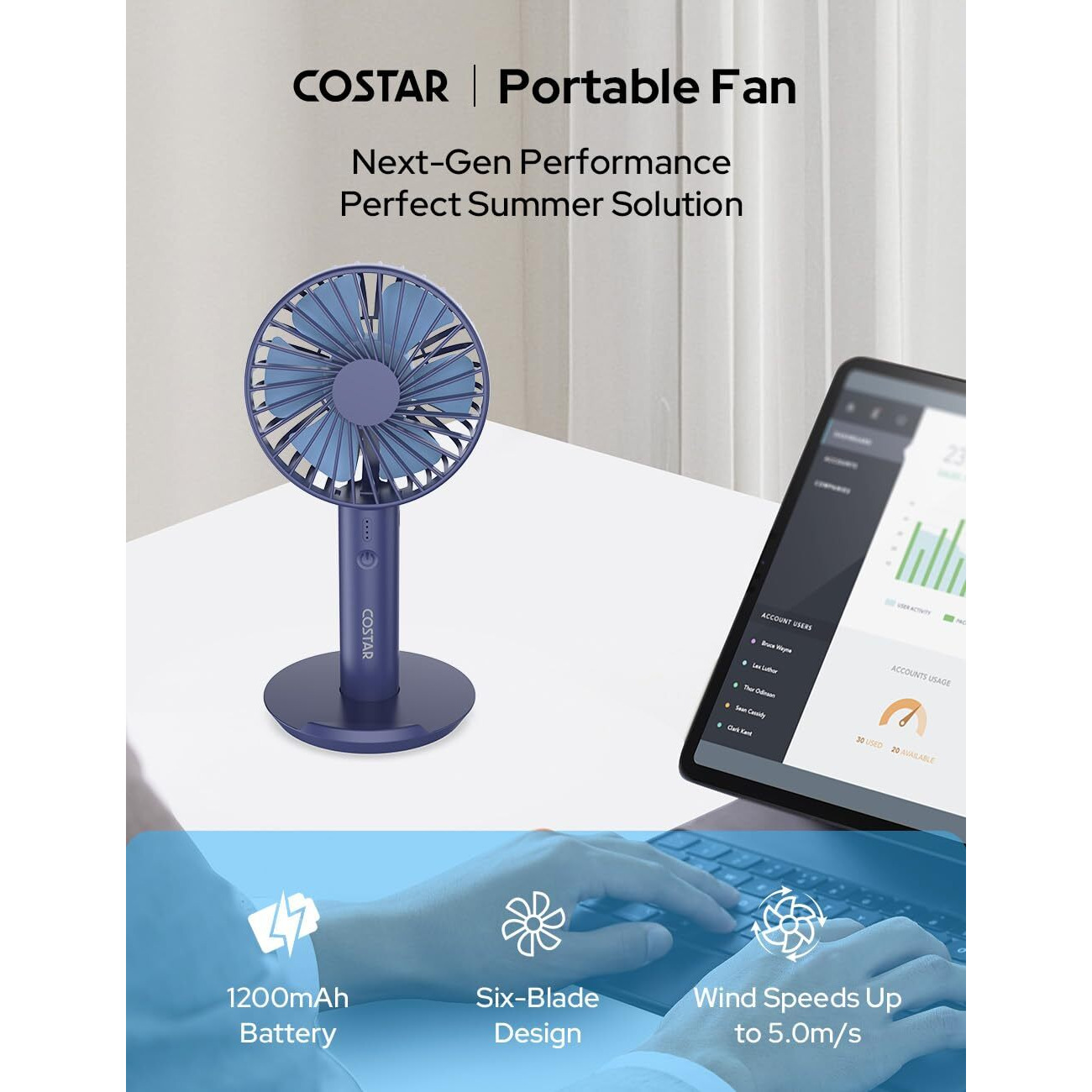 COSTAR Mini Portable Fan, Powerful Wind, Brushless Motor Hand Fan with Table Phone Holder Base, 3 Speeds Small Fan, USB Rechargeable Fan for Indoor and Outdoor Use by Women and Men (Blue)