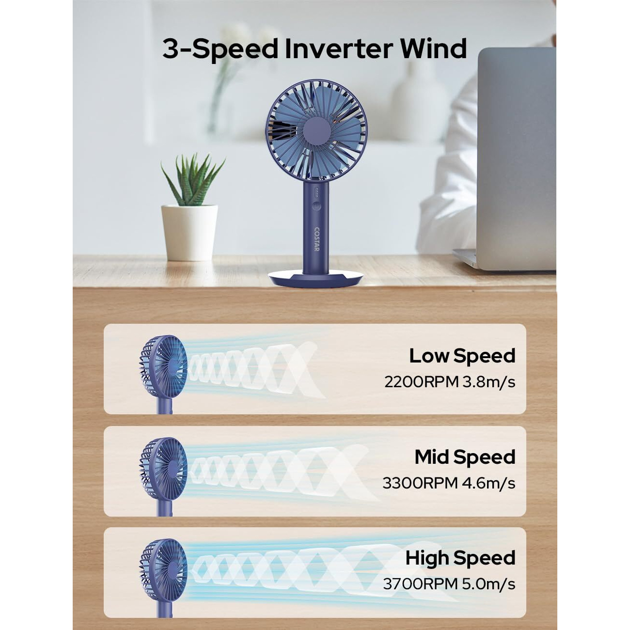 COSTAR Mini Portable Fan, Powerful Wind, Brushless Motor Hand Fan with Table Phone Holder Base, 3 Speeds Small Fan, USB Rechargeable Fan for Indoor and Outdoor Use by Women and Men (Blue)