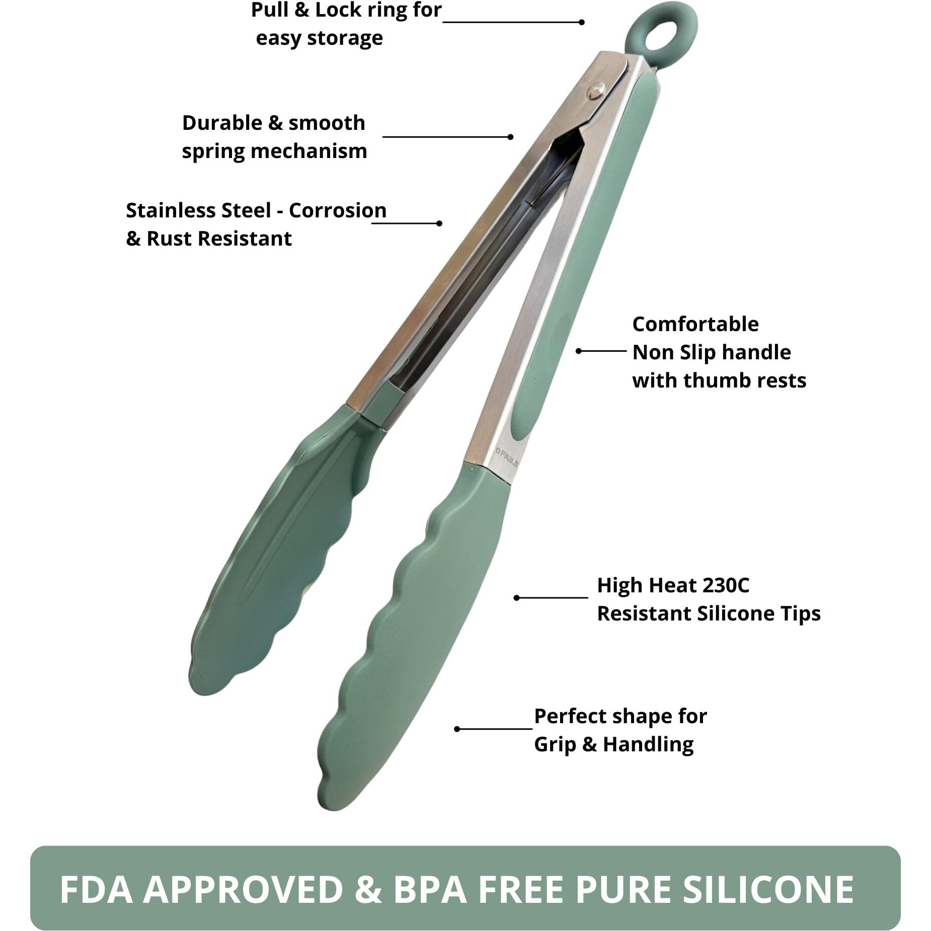 FiABLE Premium Steel and Silicone Food Tongs for Kitchen, Barbeque, Serving - 10 inch - 230C Heat-Resistant - Green Tongs