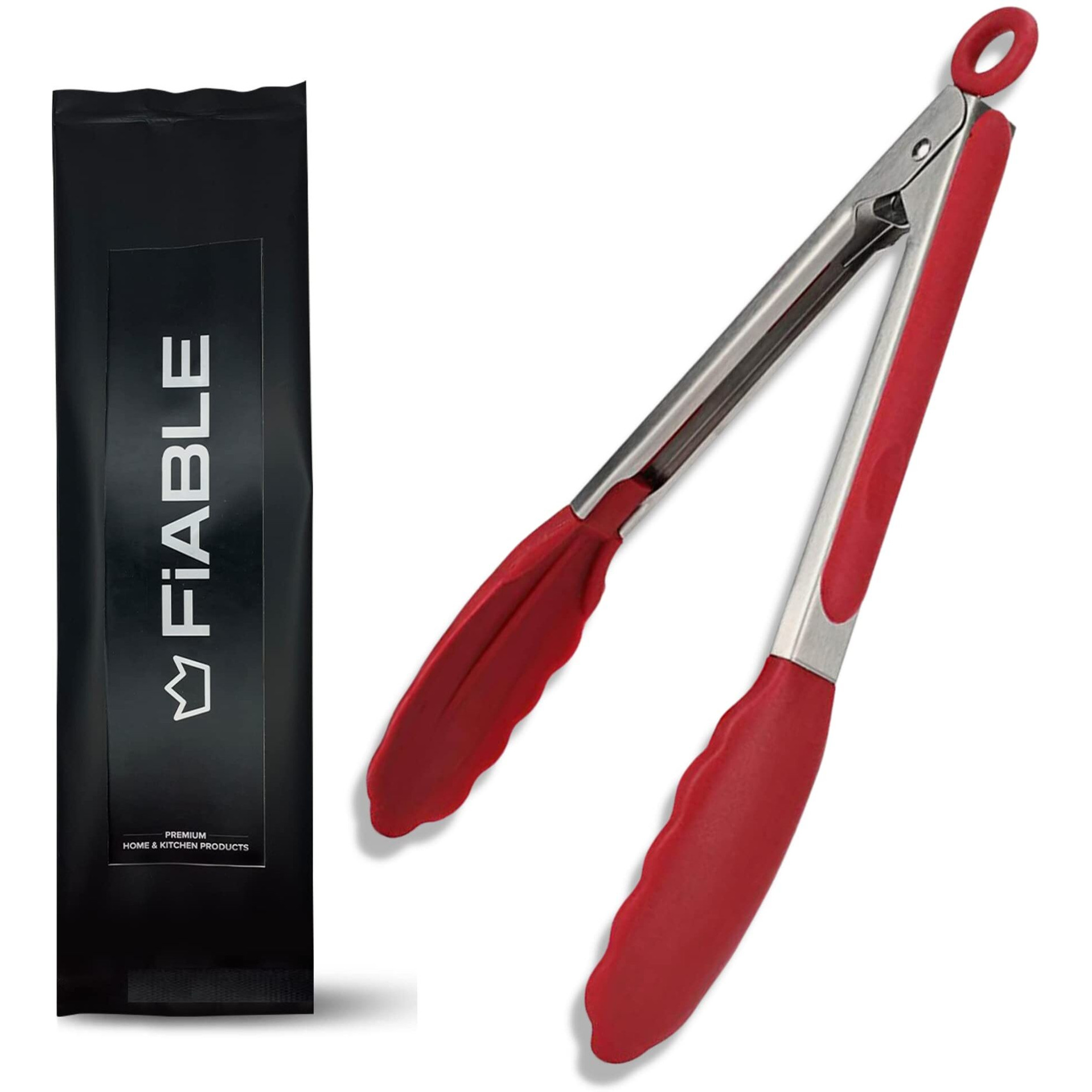 FiABLE Premium Steel and Silicone Food Tongs for Kitchen, Air Fryer, Barbeque and Serving - 10 inch - 1 Year Warranty - 230C Heat-Resistant - Red Tongs