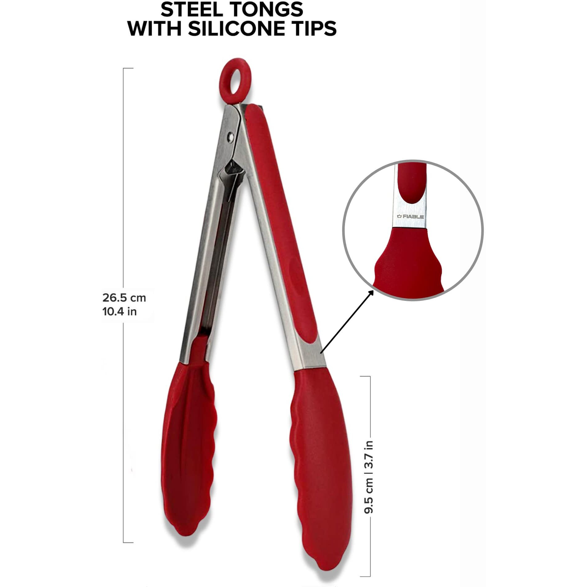 FiABLE Premium Steel and Silicone Food Tongs for Kitchen, Air Fryer, Barbeque and Serving - 10 inch - 1 Year Warranty - 230C Heat-Resistant - Red Tongs