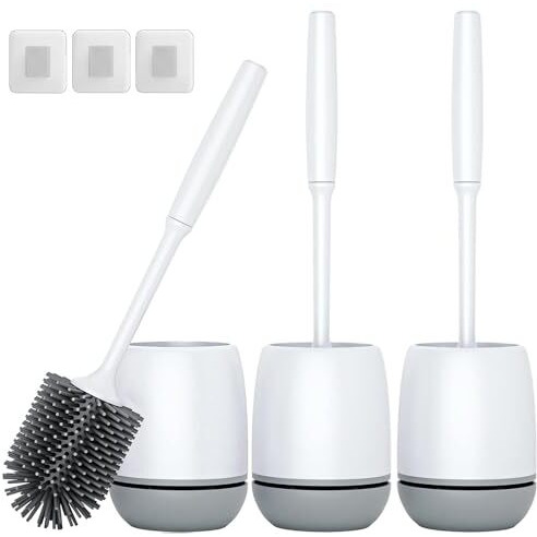 Pack of 3 Silicone Toilet Brush with Holder Stand, Bathroom Toilets Bowl Cleaning Brush with Non-Slip Long Handle Floor Standing Holder & Wall Mounted Without Drilling Quick Drying Holder Set