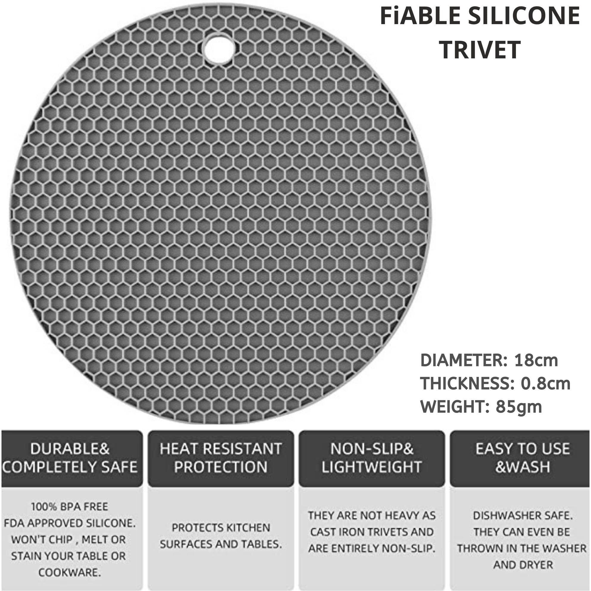 FiABLE Premium Grade Silicone Trivet Mats - Thick and High Heat Resistant mats for Hot Pans | Pot Holder mats | 8mm Extra Thick for Dining and Kitchen - Set of 3 Grey
