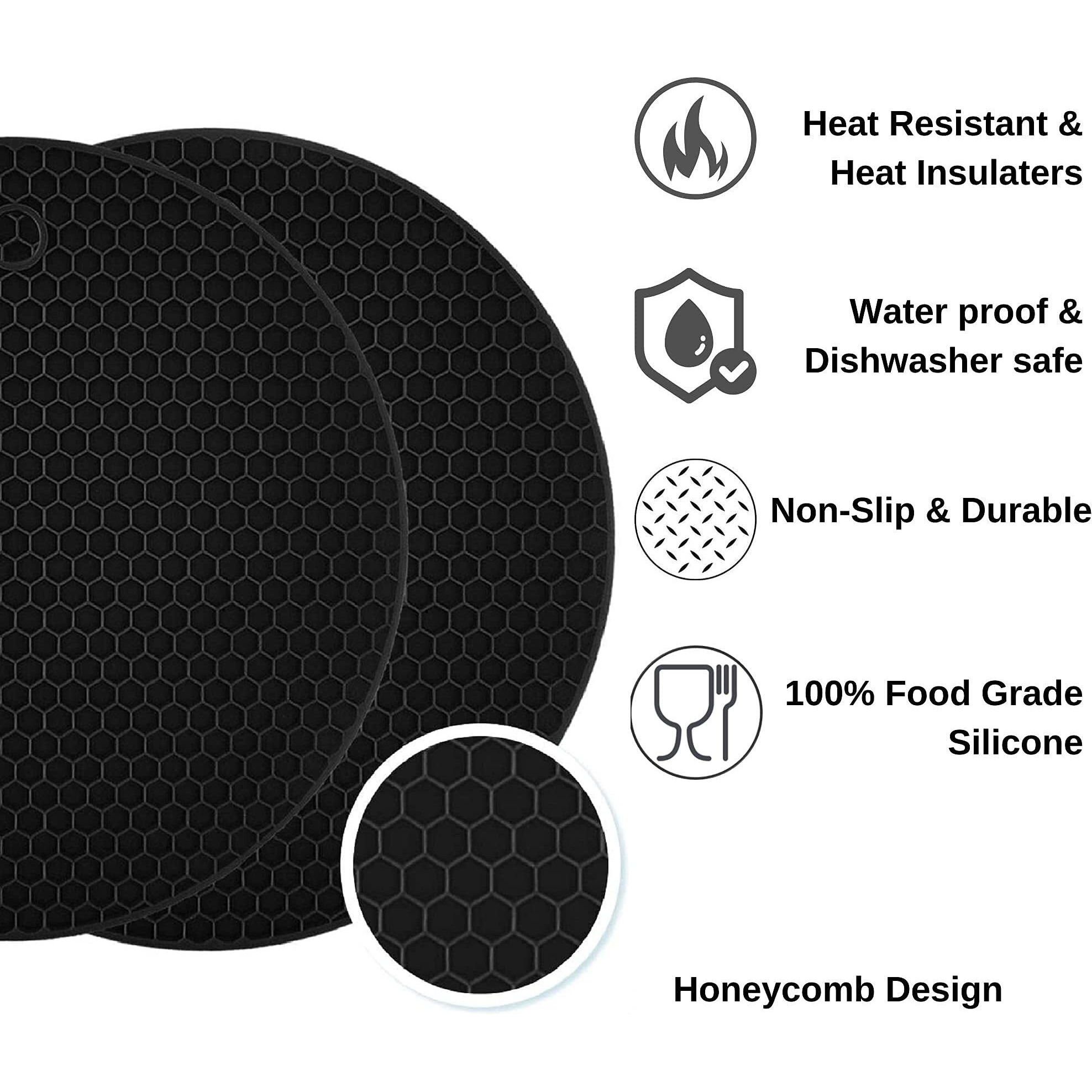 FiABLE Premium Virgin Silicone Trivet Mats - Thick and High Heat Resistant mats for Hot Pans | Pot Holder mats | 8mm Extra Thick for Dining and Kitchen - Set of 3 Black