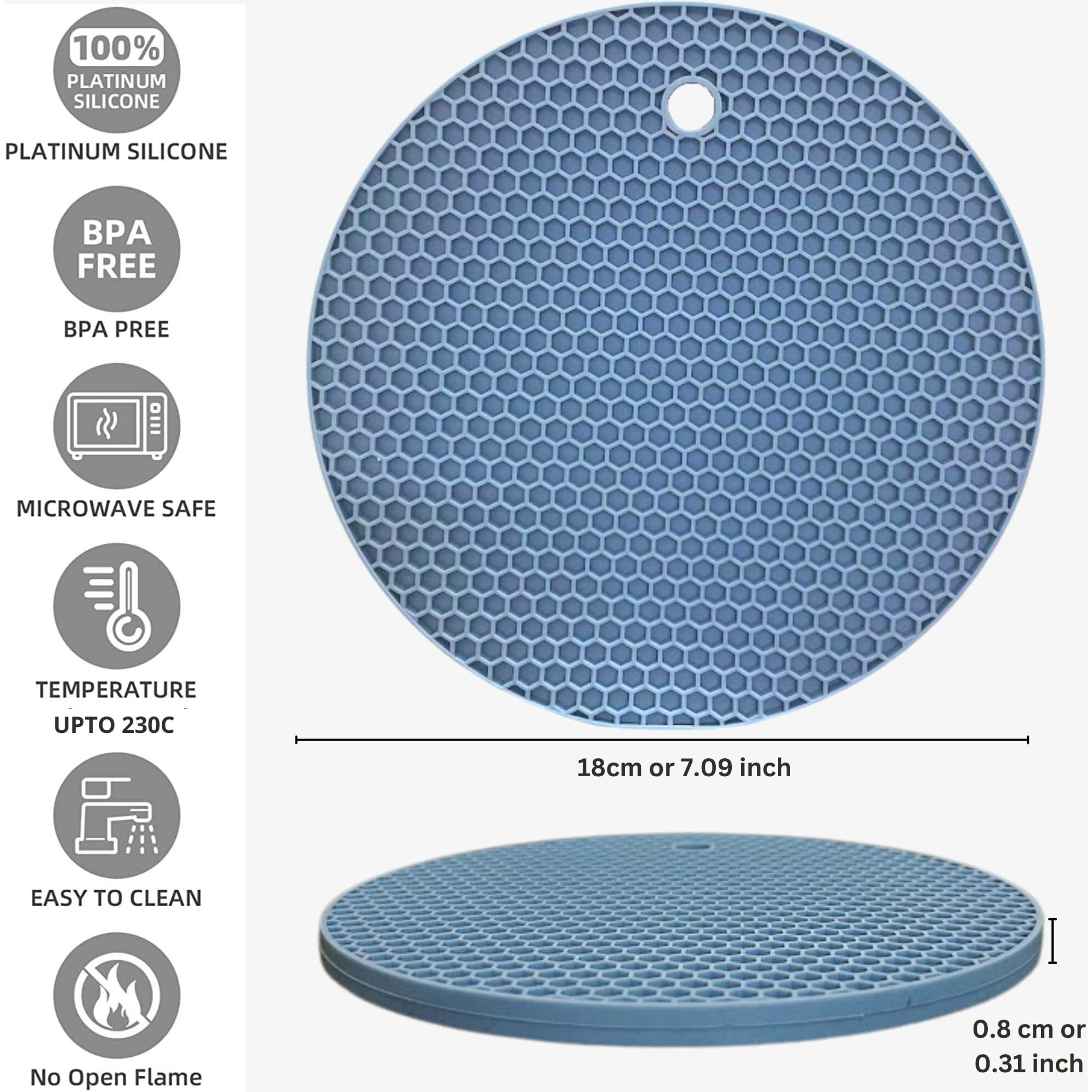 FiABLE Premium Grade Silicone Trivet Mats - Thick and High Heat Resistant mats for Hot Pans | 8mm Extra Thick for Dining and Kitchen - Set of 3 Blue