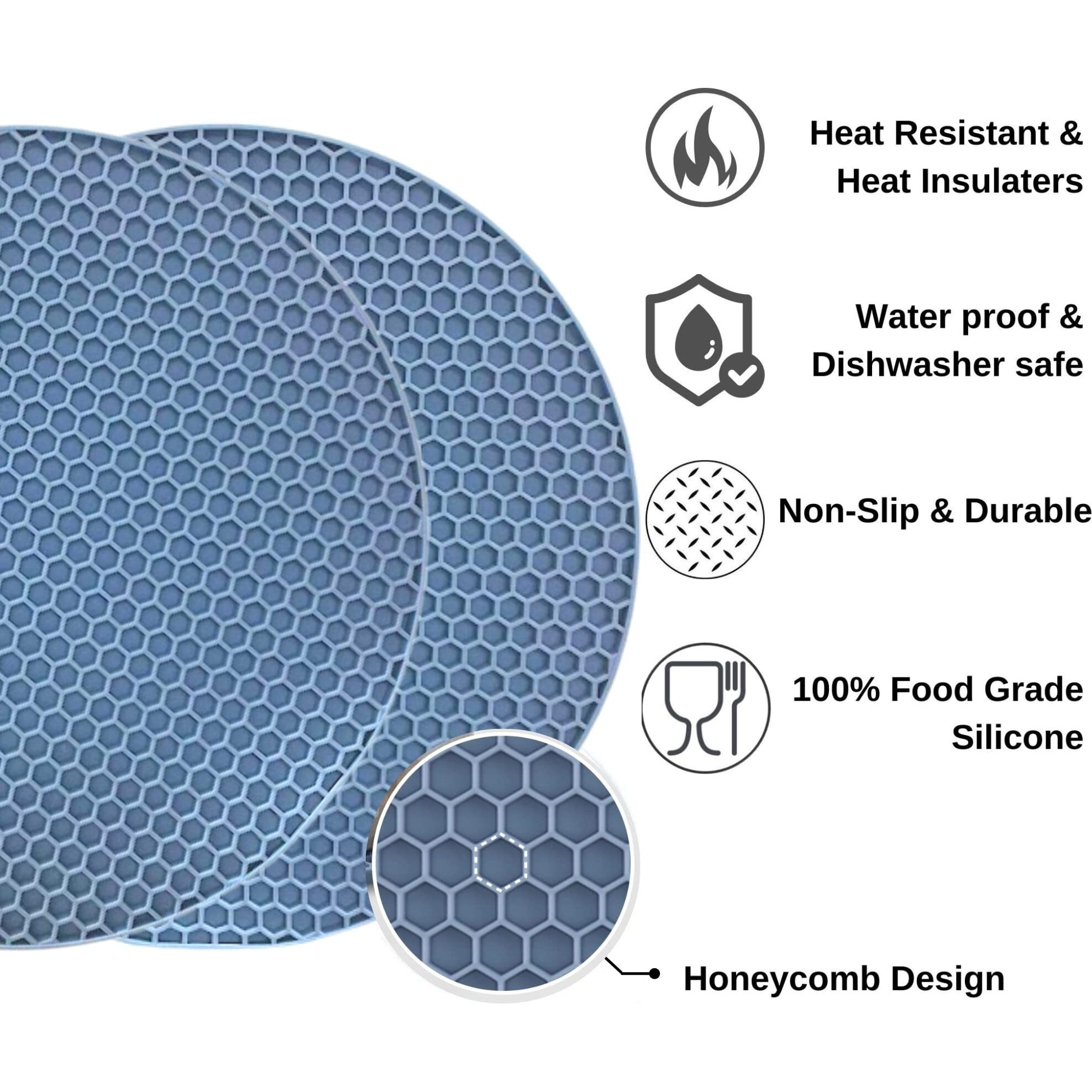 FiABLE Premium Grade Silicone Trivet Mats - Thick and High Heat Resistant mats for Hot Pans | 8mm Extra Thick for Dining and Kitchen - Set of 3 Blue