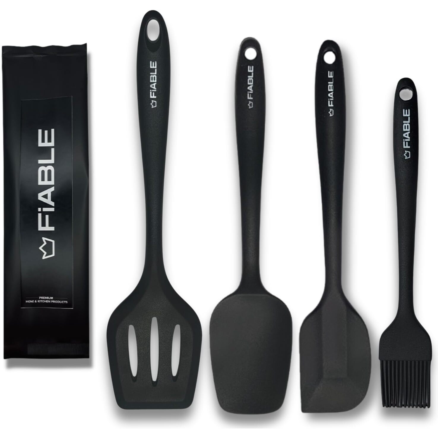 FiABLE Premium Big Full Silicone Spatulas for Cooking - High Heat Resistant, Seamless Design -1 Big Spoonula, 1 Big Spatula, 1 Brush, 1 Big Turner- FBL Set of 4 Black