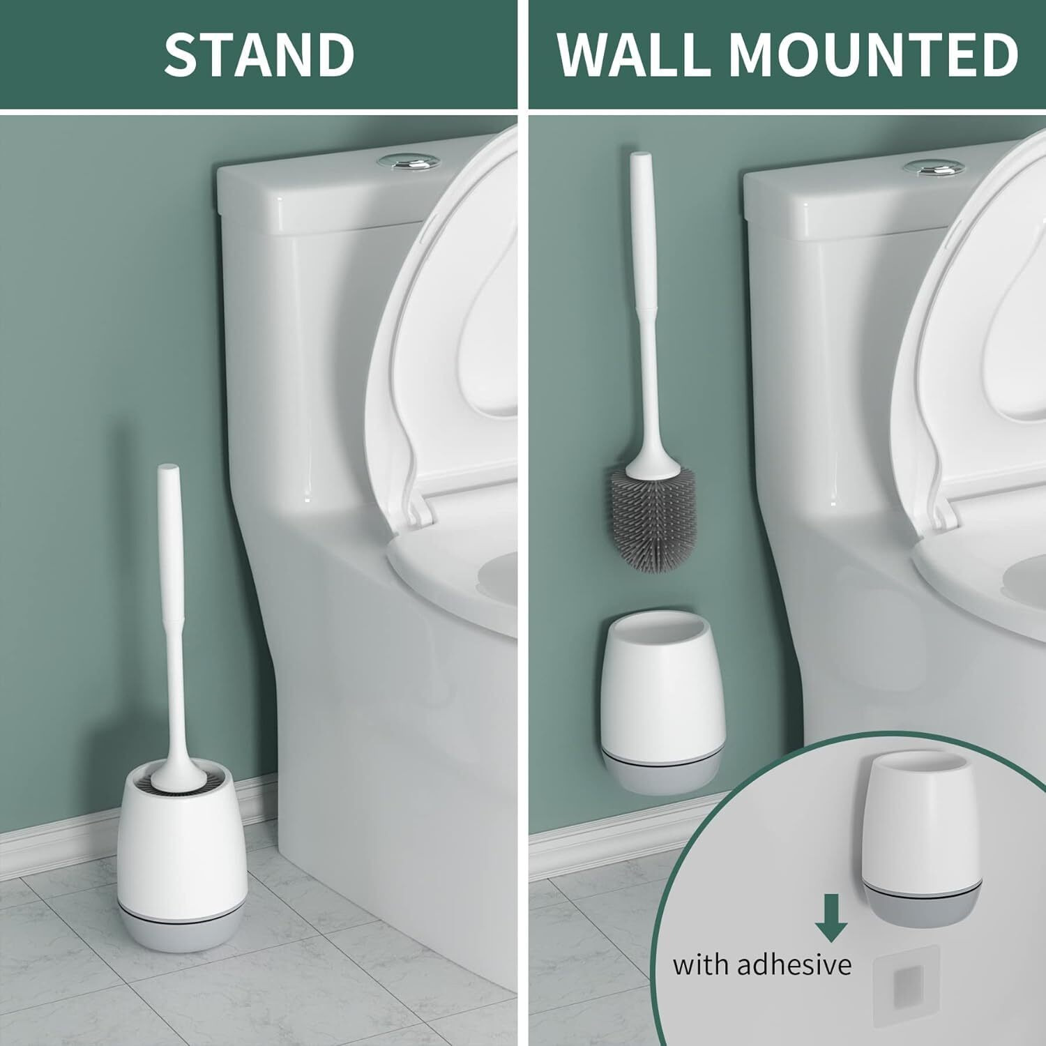 Pack of 2 Silicone Toilet Brush with Holder Stand, Bathroom Toilets Bowl Cleaning Brushes with Non-Slip Long Handle Wall Mounted Without Drilling Quick Drying Holder Set & Floor Free-Standing