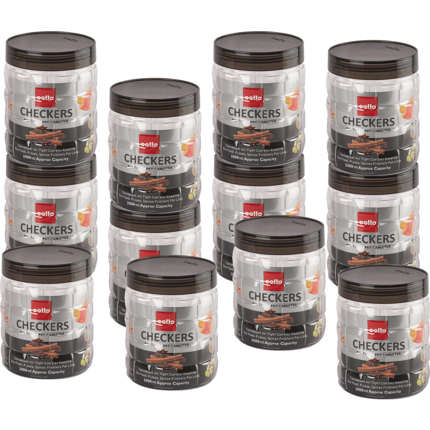CELLO Checkers Pet Plastic Airtight Canister Set|Food Grade And Bpa Free Canisters|Durable&Shatterproof Body|Air Tight Seal&Stackable|Free From Any Kind Of Odor|Transparent|2000Ml,Set Of 12