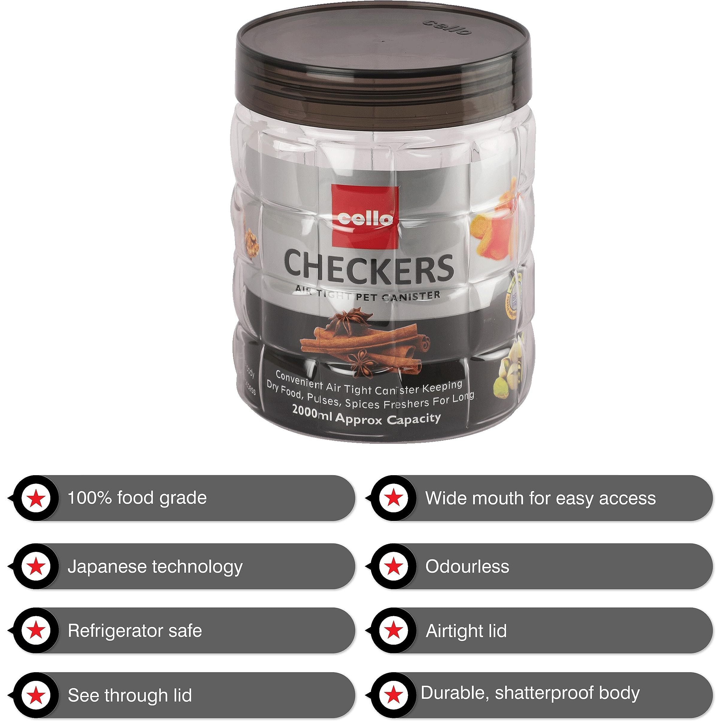 CELLO Checkers Pet Plastic Airtight Canister Set|Food Grade And Bpa Free Canisters|Durable&Shatterproof Body|Air Tight Seal&Stackable|Free From Any Kind Of Odor|Transparent|2000Ml,Set Of 12
