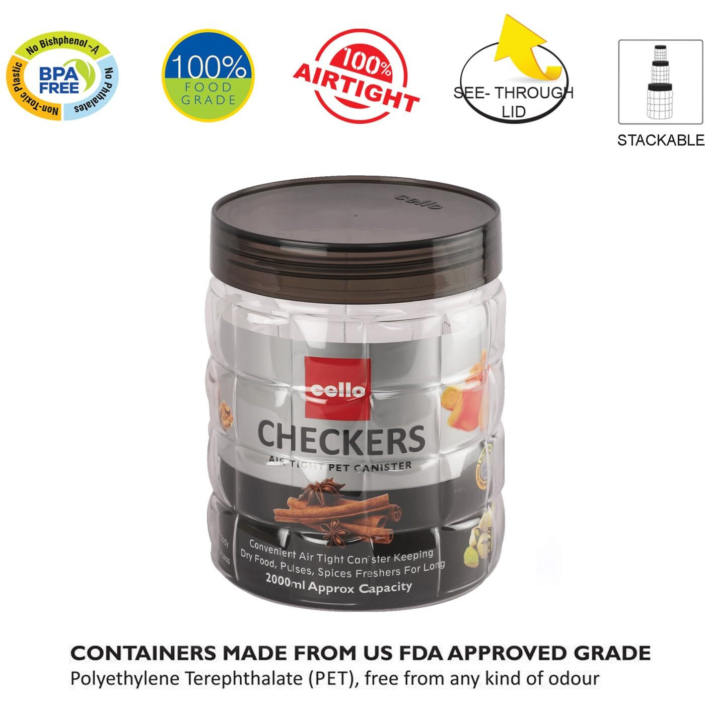 CELLO Checkers Pet Plastic Airtight Canister Set|Food Grade And Bpa Free Canisters|Durable&Shatterproof Body|Air Tight Seal&Stackable|Free From Any Kind Of Odor|Transparent|2000Ml,Set Of 12