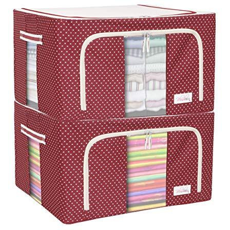 BlushBees Oxford Fabric Living Box - Wardrobe Organizer, Cloth Storage Bags with Zip - 55 L, Pack of 2, Polka Dots Red