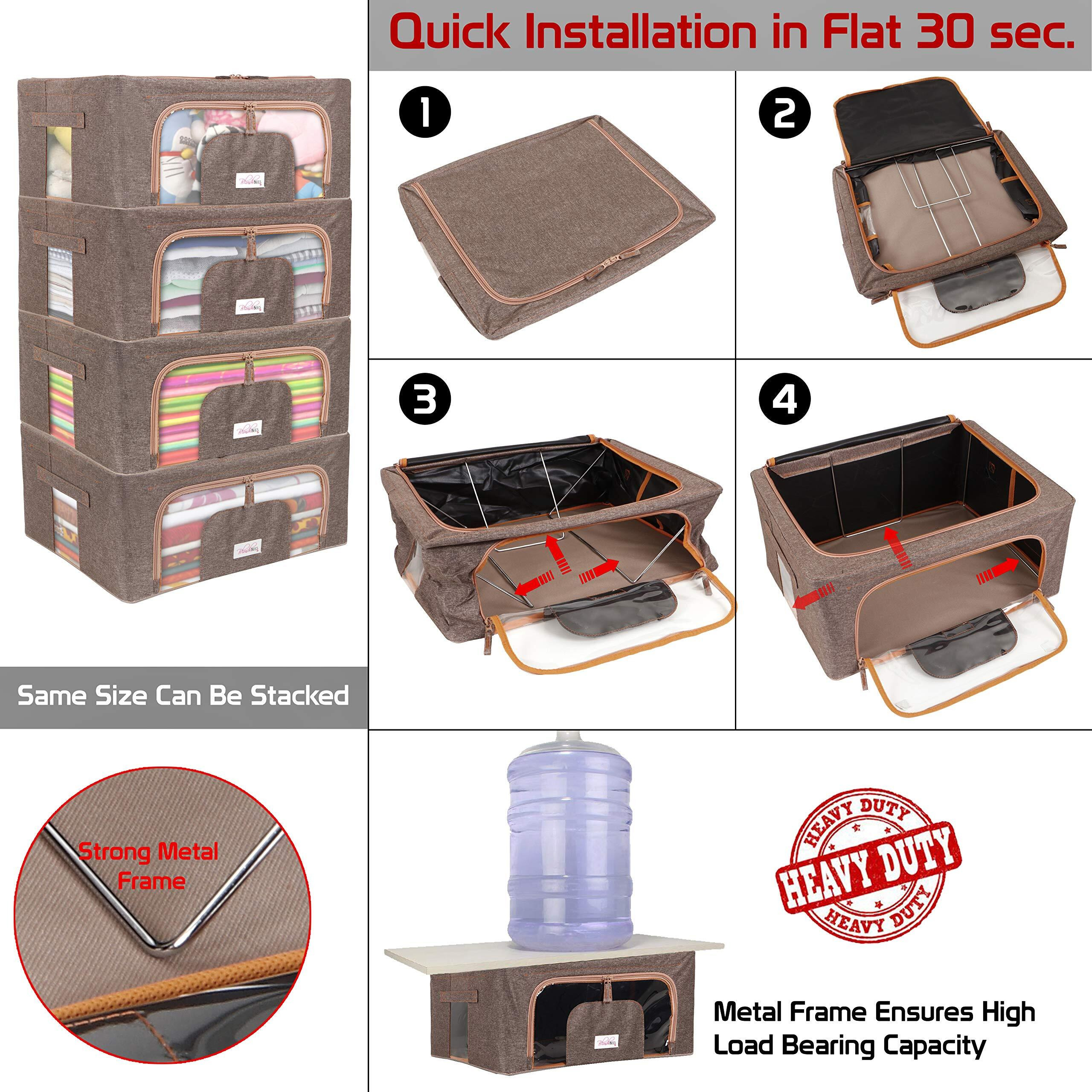 BlushBees Living Box - Foldable Storage Boxes for Clothes, Saree Cover Bags - 44 Litre, Pack of 4, English Brown,Metal