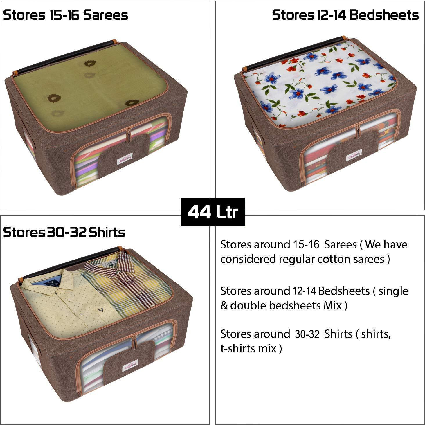 BlushBees Living Box - Foldable Storage Boxes for Clothes, Saree Cover Bags - 44 Litre, Pack of 4, English Brown,Metal