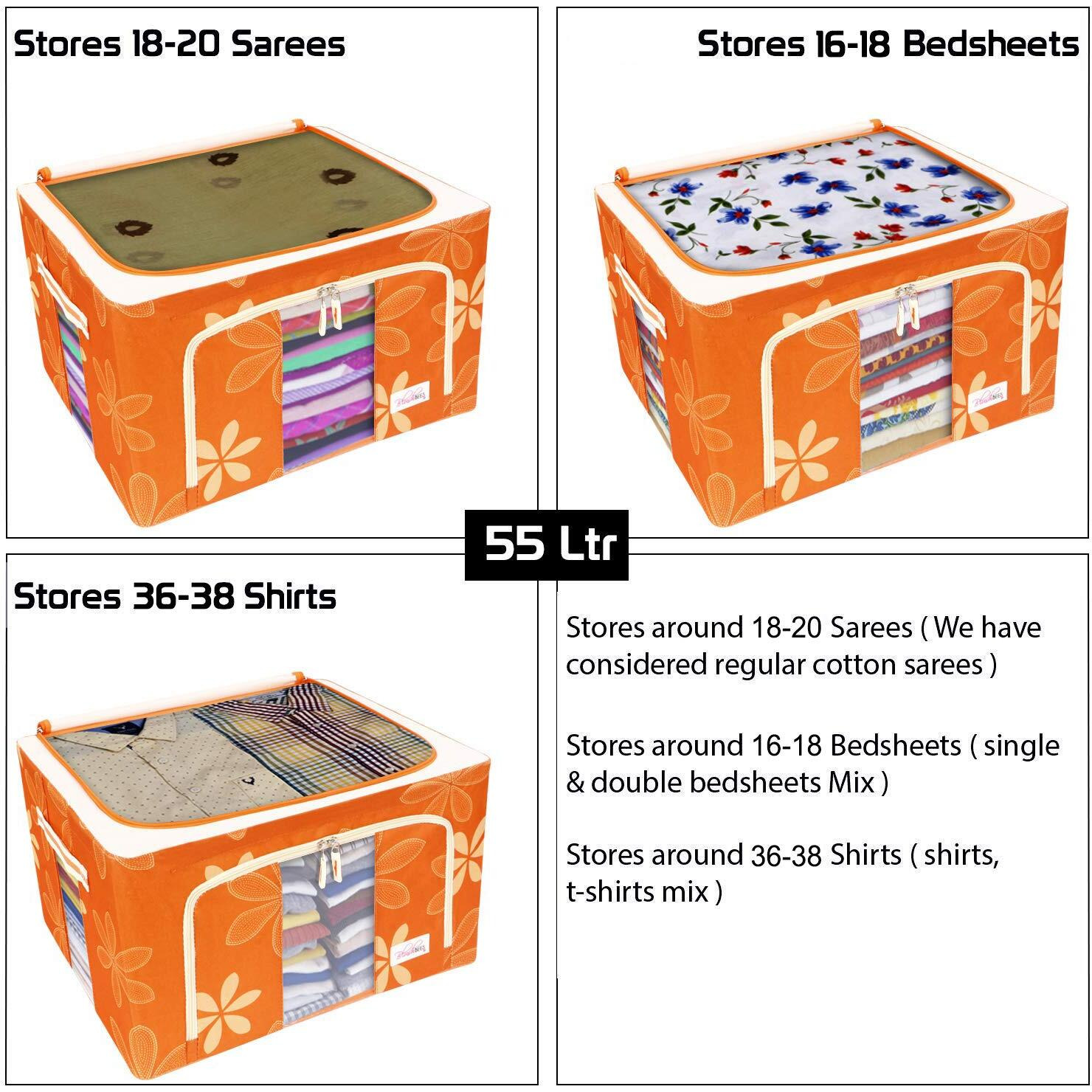 BlushBees Living Box - Storage Boxes for Clothes, Saree Cover - 55 Litre, Pack of 4, Orange