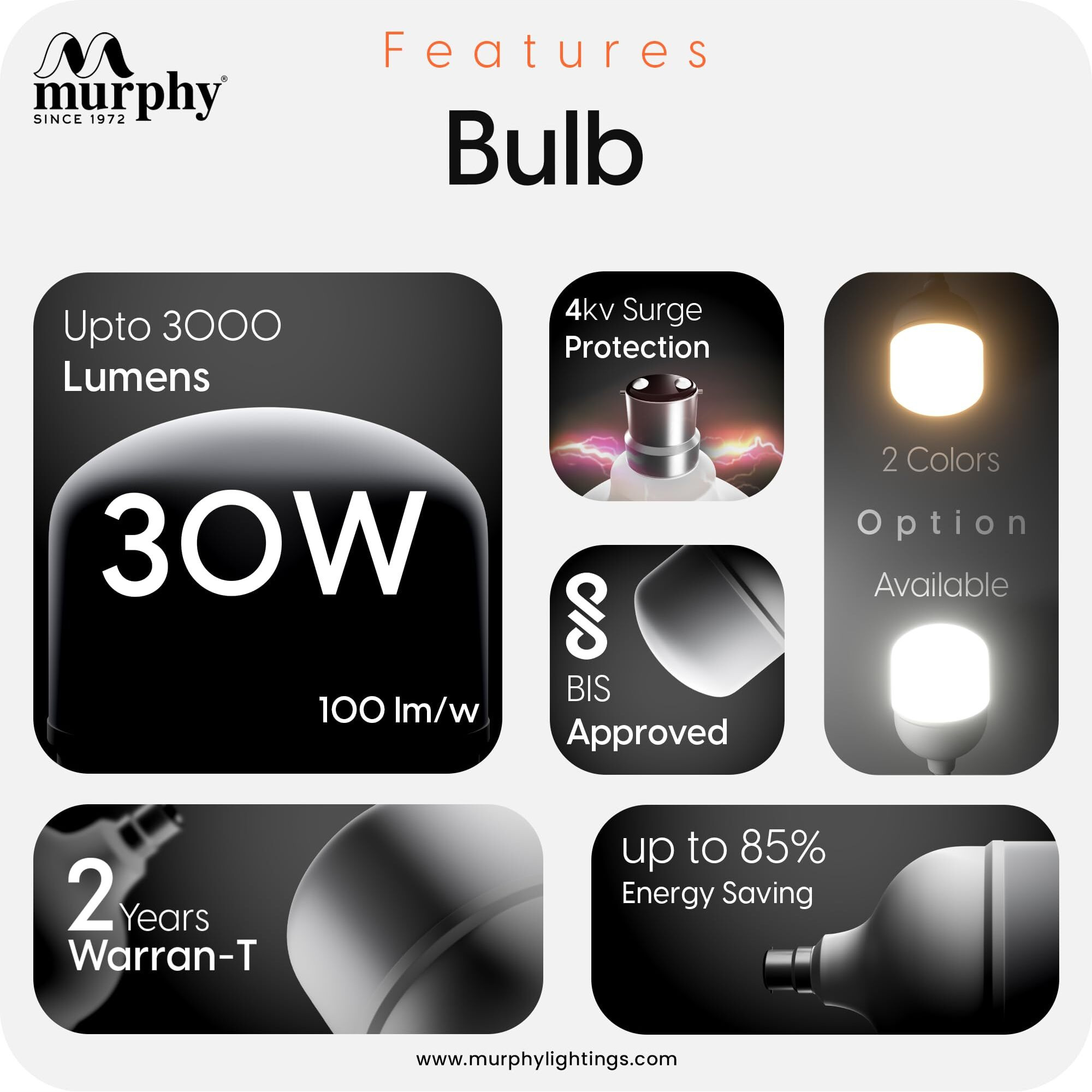 Murphy 30-Watts B22 LED Cool White Bulb, Pack of 8