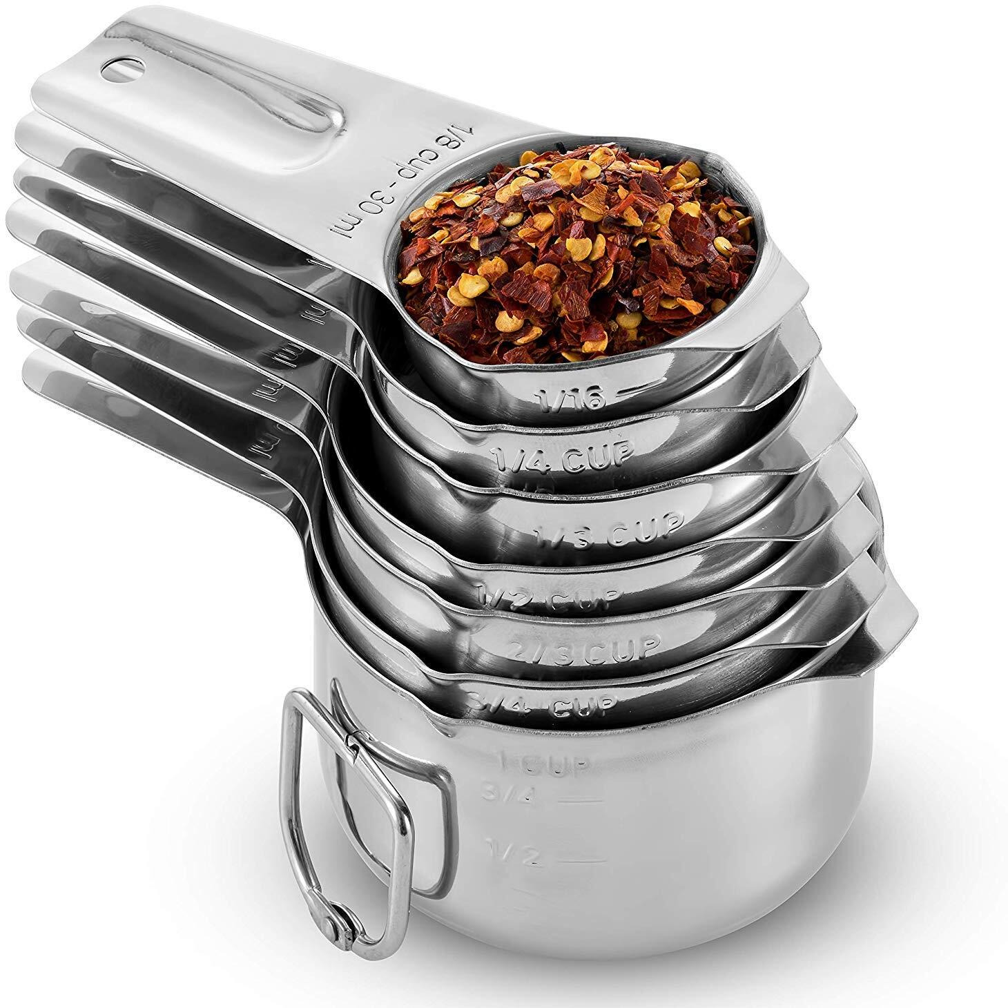 Homepixi 304 Stainless Steel Stackable Measuring Cup Set with Engraved Measurement Marking for Cooking and Baking (Set of 7)