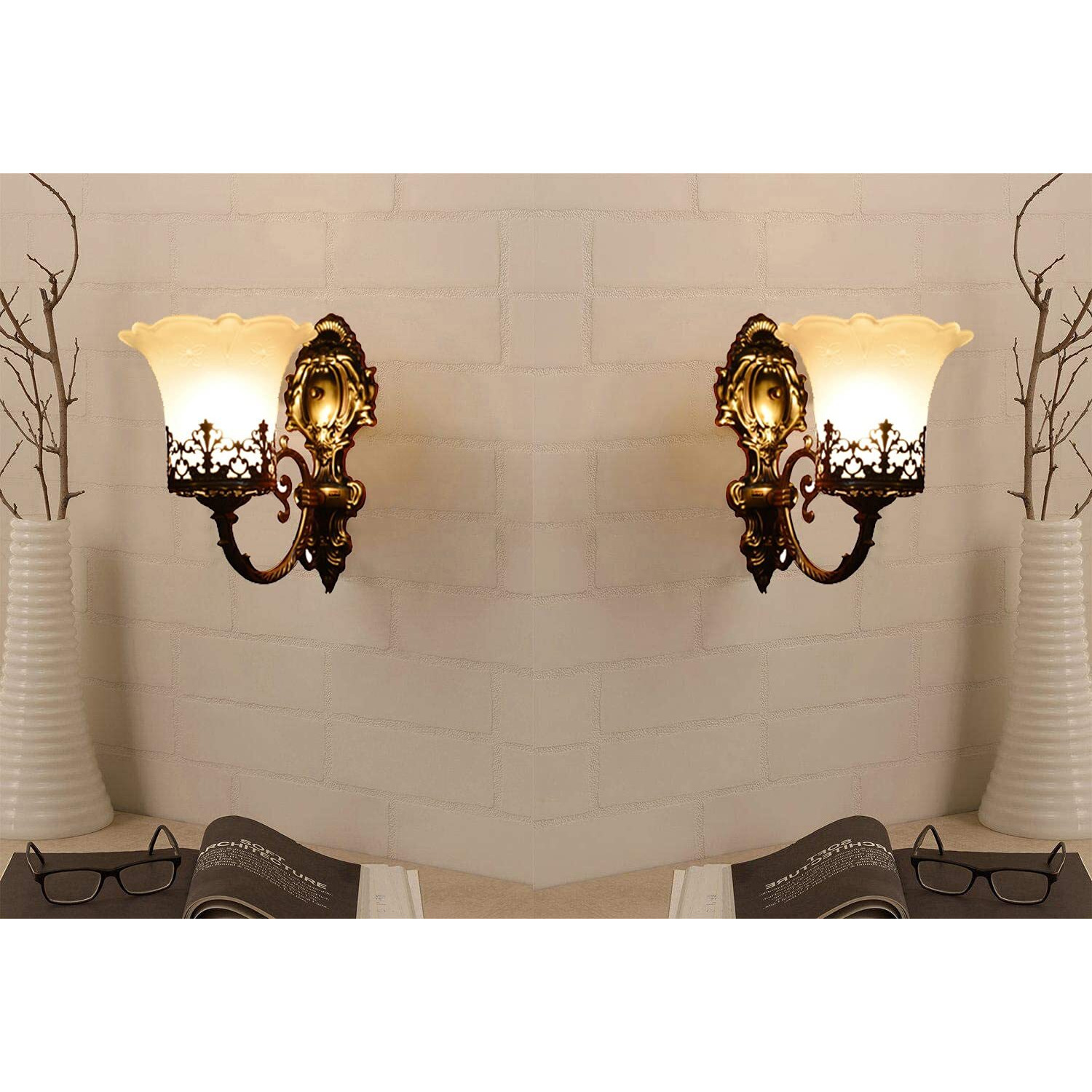 GreyWings Crown On Glass Single Head Antique Portuguese Style Wall Light (Bulb Not Included), Pack of 2
