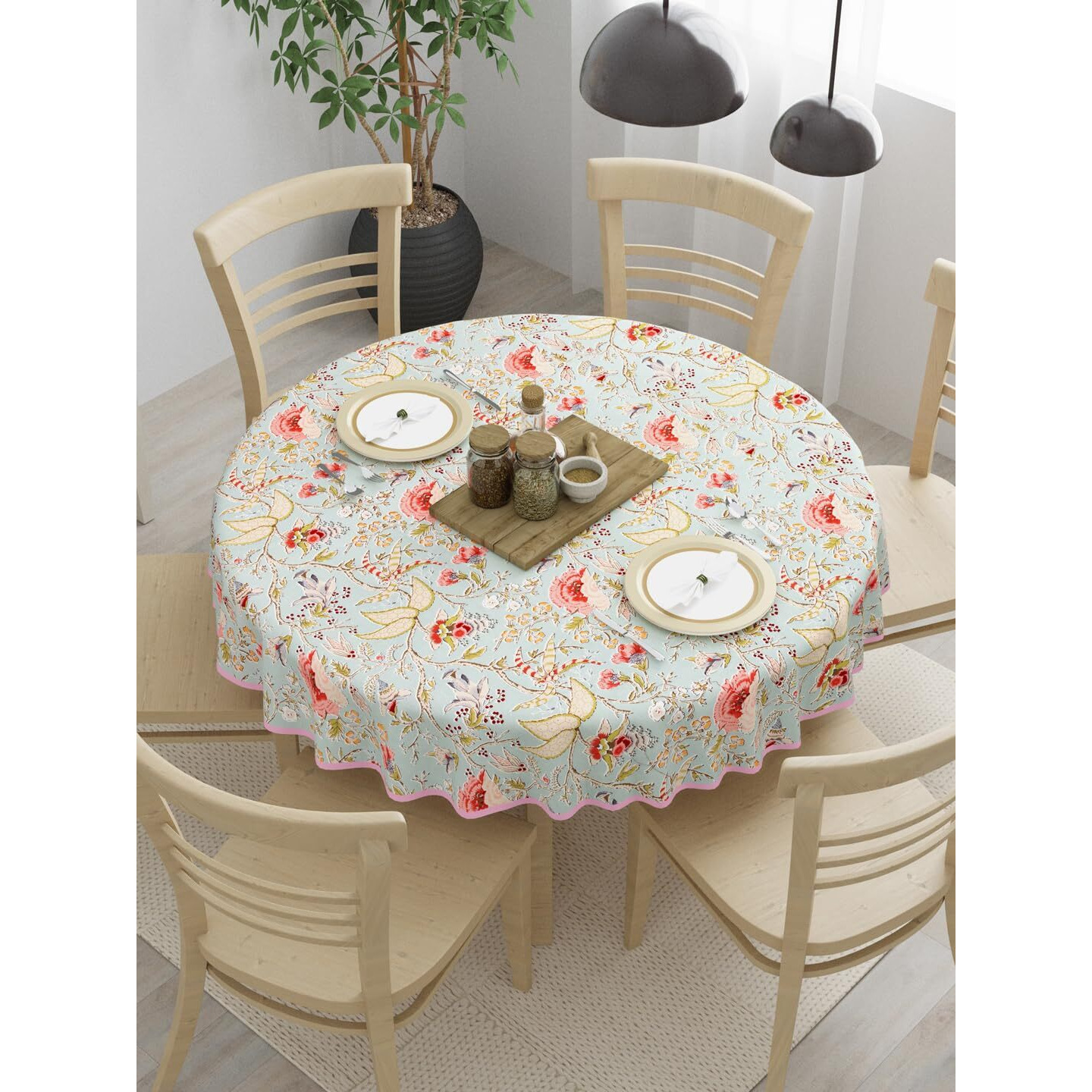 Clasiko 100% Cotton 6 Seater Round Table Cover 72x72 Inches Light Orange Flowers