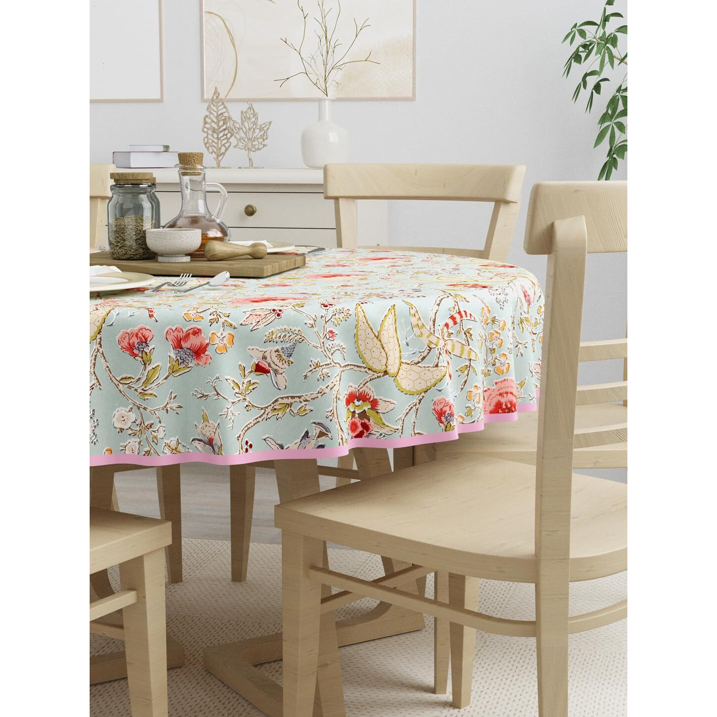 Clasiko 100% Cotton 6 Seater Round Table Cover 72x72 Inches Light Orange Flowers