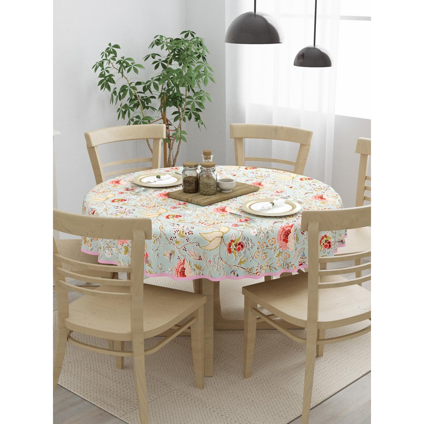 Clasiko 100% Cotton 6 Seater Round Table Cover 72x72 Inches Light Orange Flowers