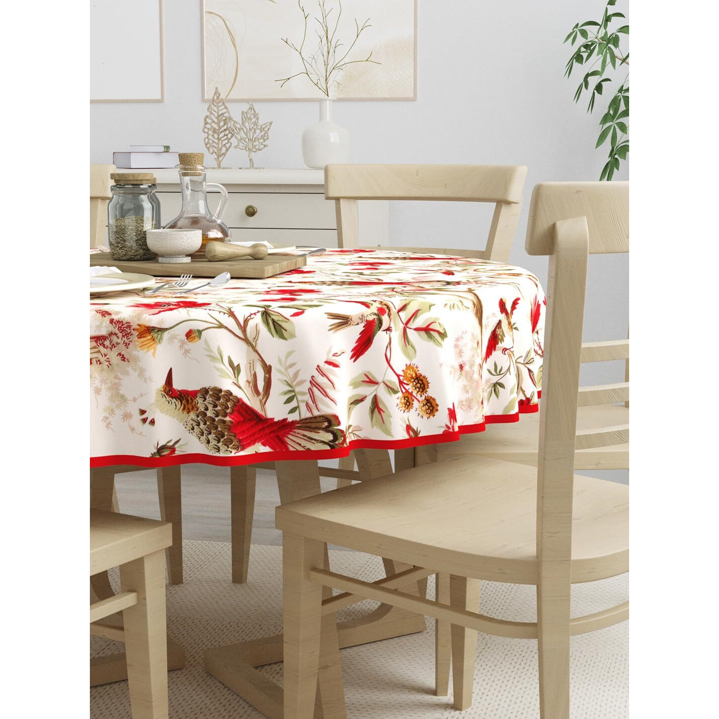 Clasiko 100% Cotton 6 Seater Round Table Cover 72x72 Inches Red Flowers & Birds