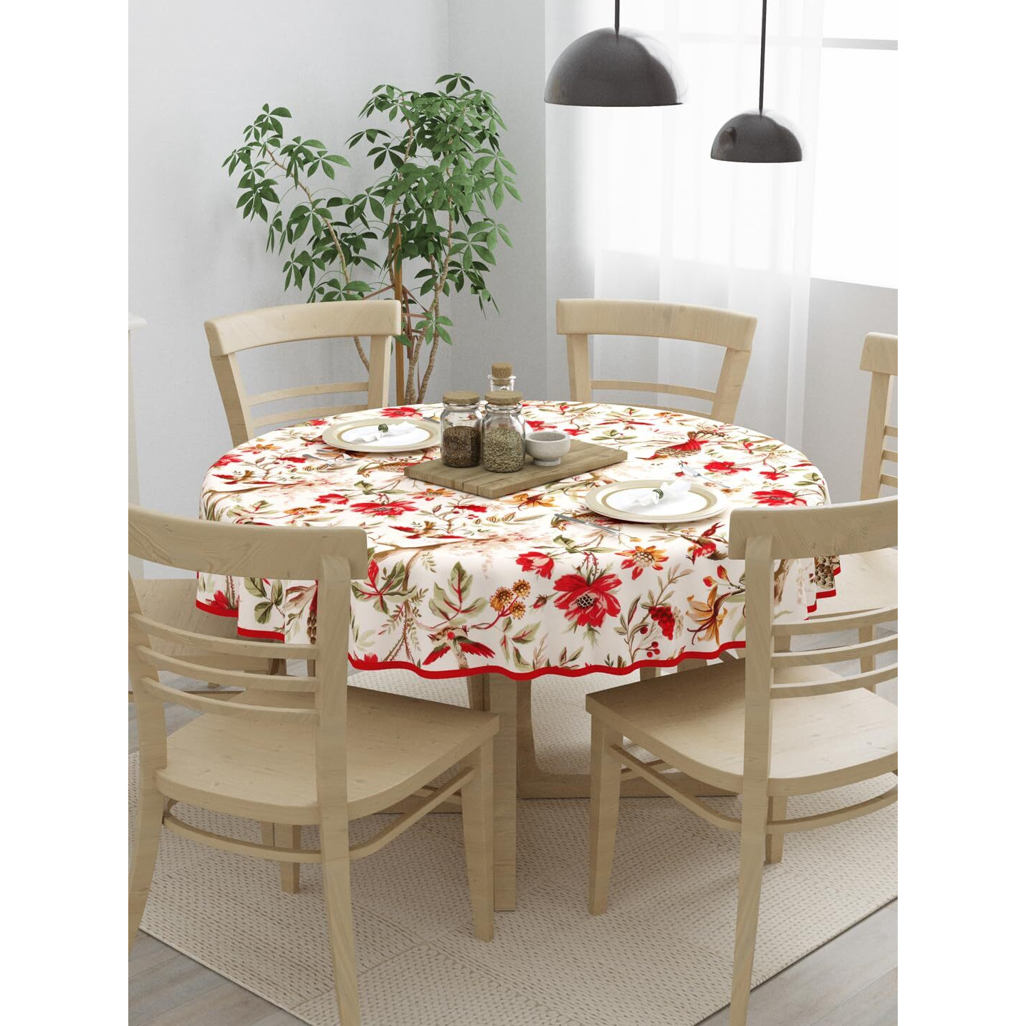Clasiko 100% Cotton 6 Seater Round Table Cover 72x72 Inches Red Flowers & Birds