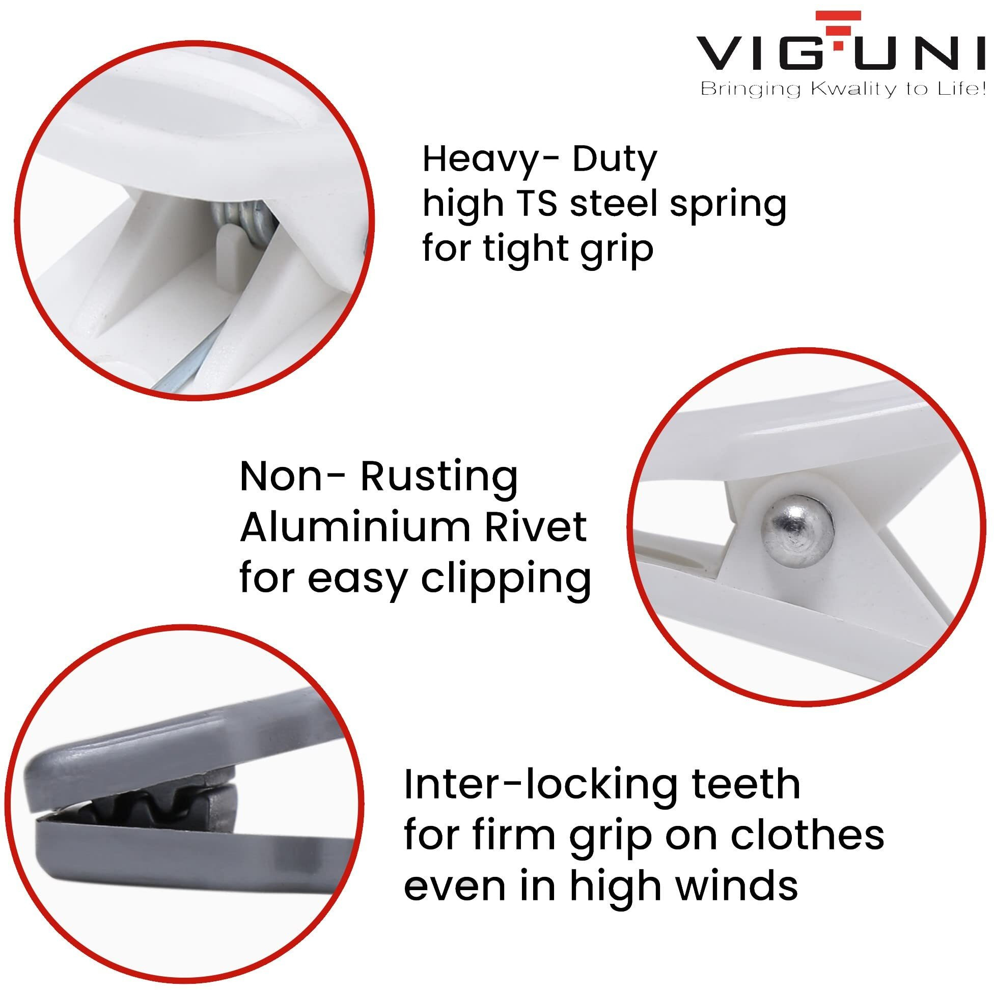 Viguni Cloth Clips (Pack of 20) Heavy Duty Premium Multipurpose Clothes Clip for Indoor and Outdoor, Strong and Durable, Clips for Clothes, Anti Rust Peg, Clothes Drying Pegs Hanger - White/Silver