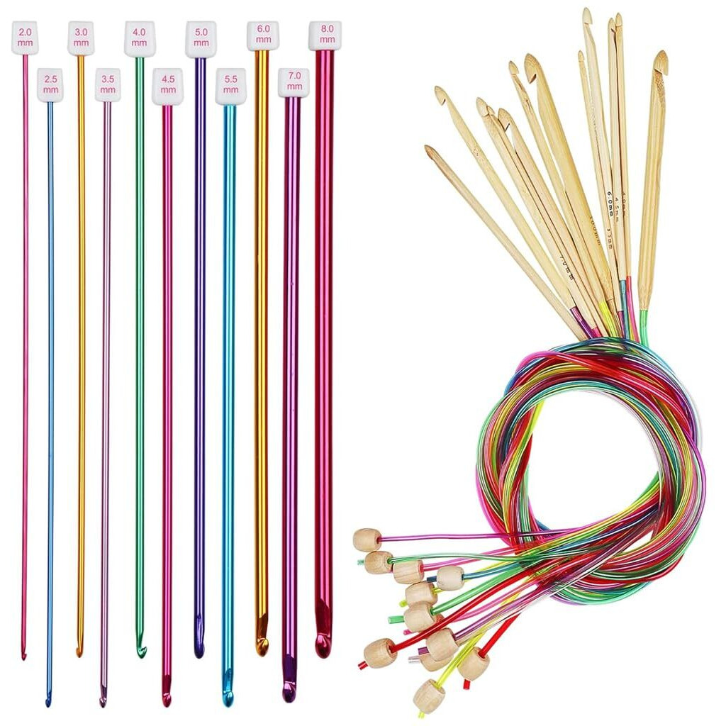 HASTHIP 23Pcs Tunisian Crochet Hook Set, 11Pcs Afghan Long Crochet Hooks 2-8 mm & 12Pcs 3-10mm Carbonized Bamboo Afghan Crochet Needles with Cable, Colorful Afghan Crochet Hooks for Beginners